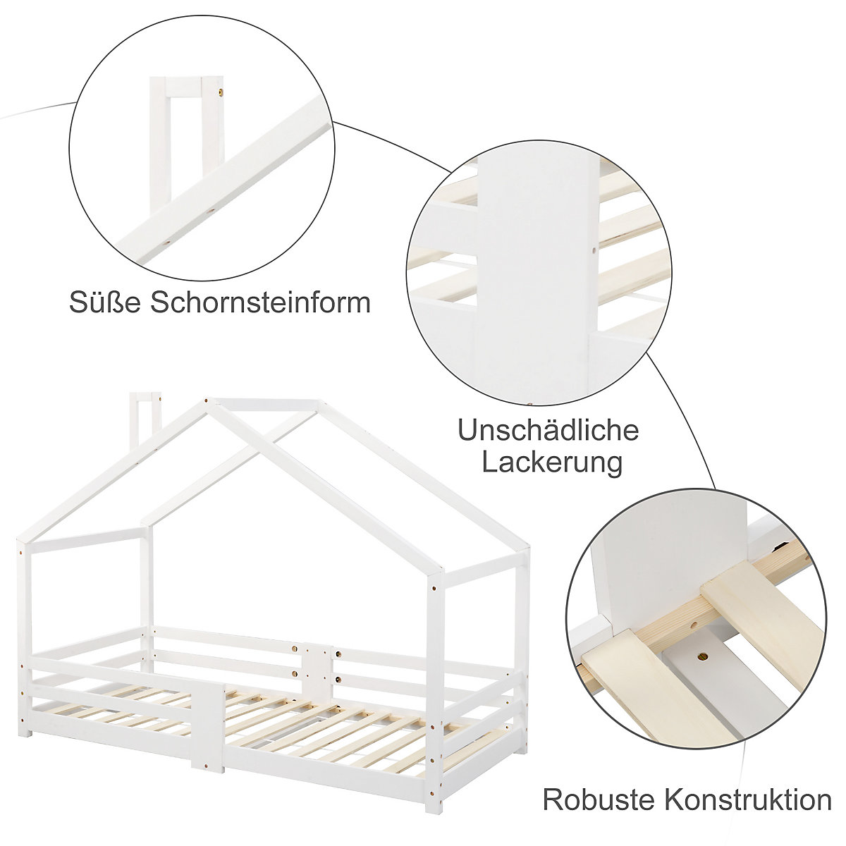Hausbett 90x200 cm mit Rausfallschutz und Schornstein