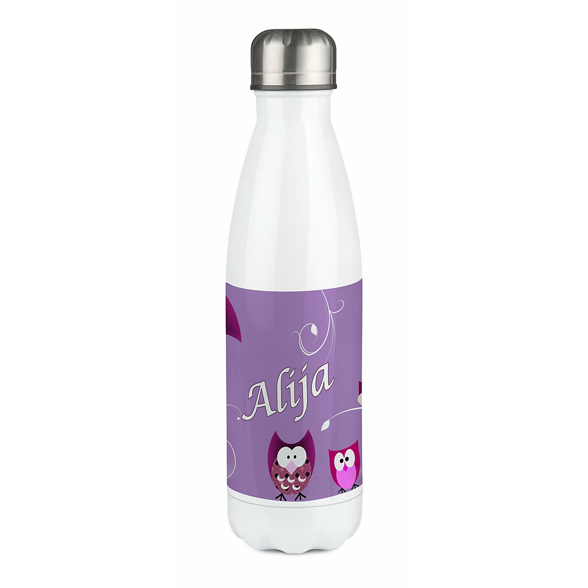 Edelstahl Kinder Thermoflasche / Trinkflasche bunt Eule Farbe lila Spülmaschinenfest, Auslaufsicher, Bruchfest, Doppelwandig, Für Heißgetränke geeignet, Mit Deckel, Isoliert