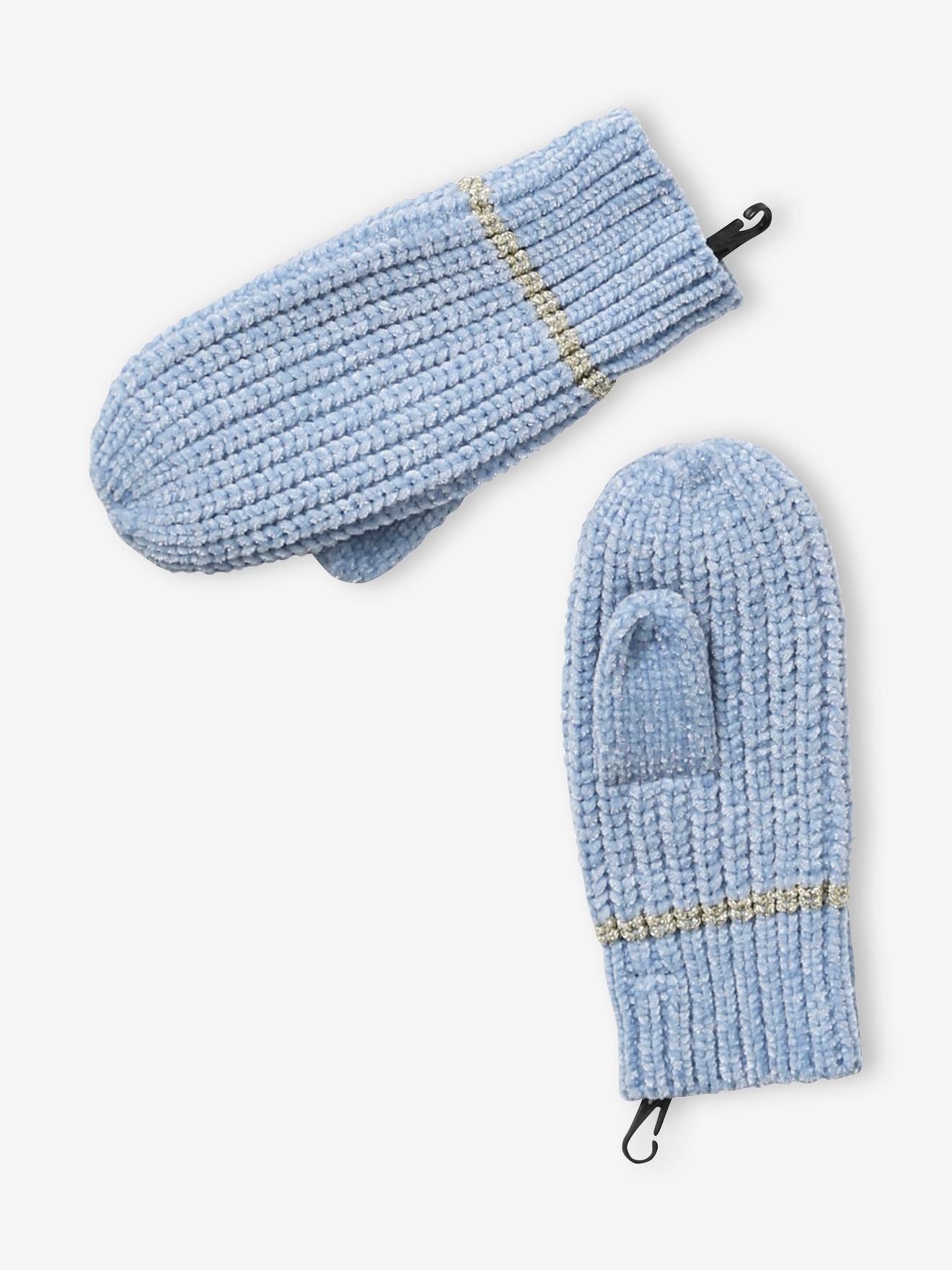Vertbaudet Mädchen Strick-Set: Mütze, Rundschal & Handschuhe, Chenille - hellblau