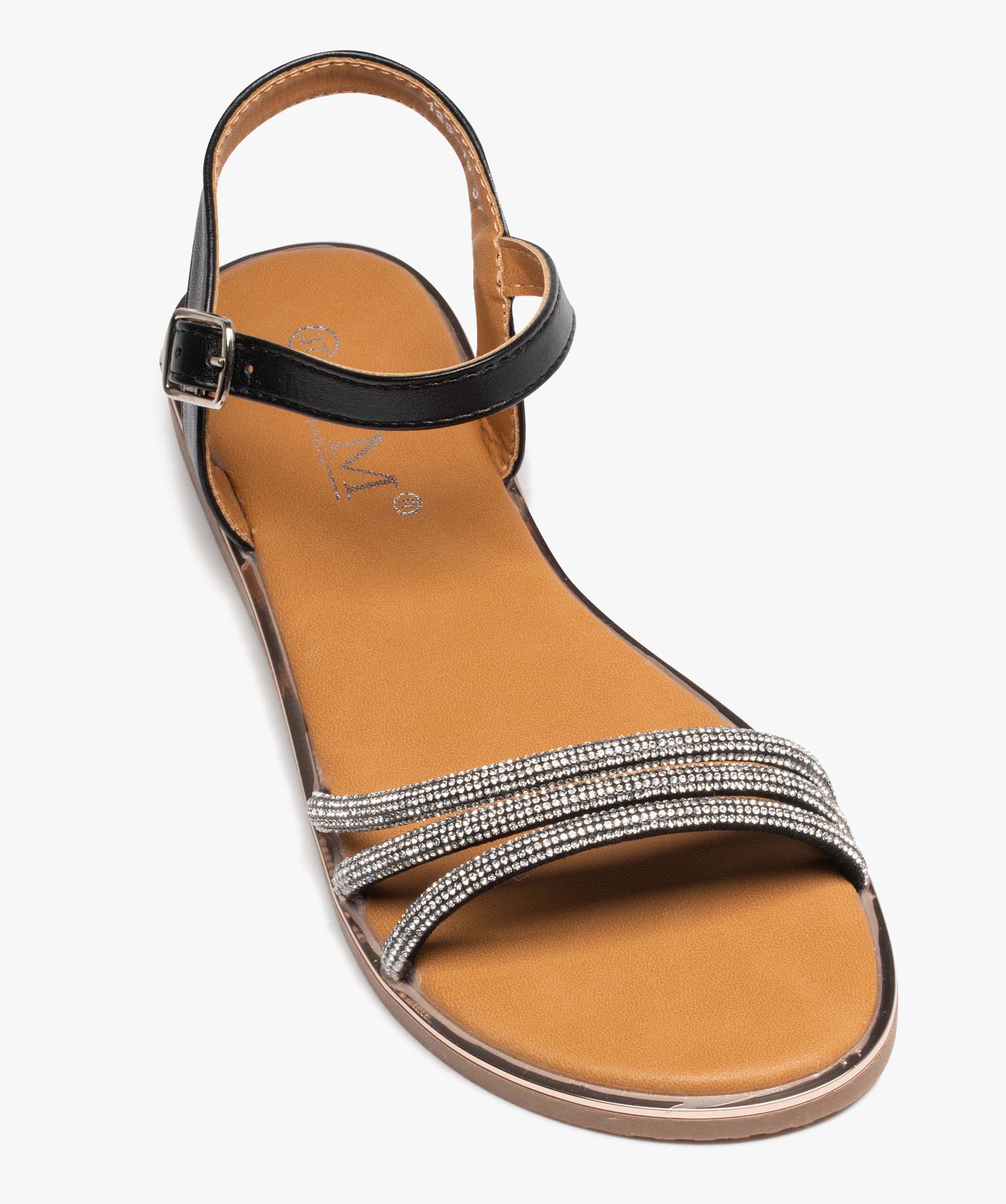 Sandales femme plates avec brides tubulaires à strass noir | GEMO