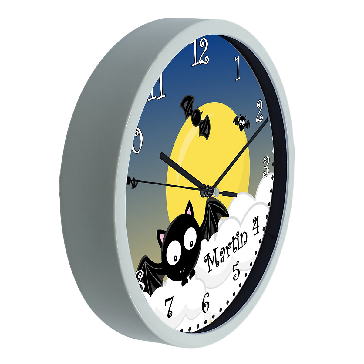 Kinder Wanduhr laufruhig personalisiert mit Name Fledermaus