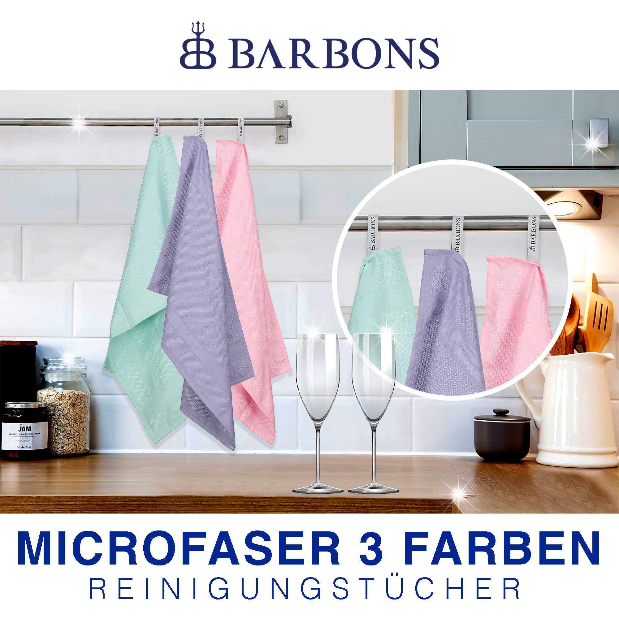 BARBONS Mikrofasertücher Geschirrtücher Allzwecktücher Fenstertücher Mikrofasertuch (100% Mikrofaser, 60x40 cm, 1 Packung, 3-tlg., Allzwecktücher, Streifenfrei, Staubfrei Auto)