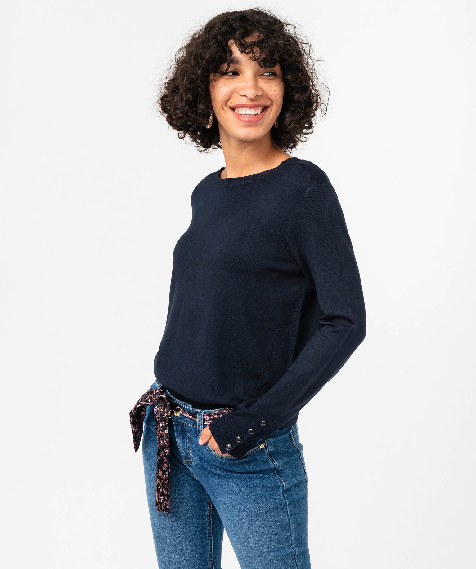 Pull à col rond en maille fine femme bleu | GEMO