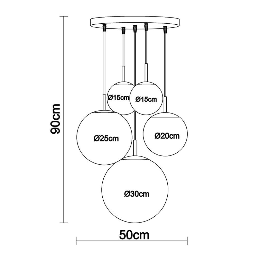 Globo Kugelleuchte, Leuchtmittel nicht inklusive, Hängeleuchte Wohnzimmerlampe 5-flammig Glas Schirm Kugel silber H 90cm