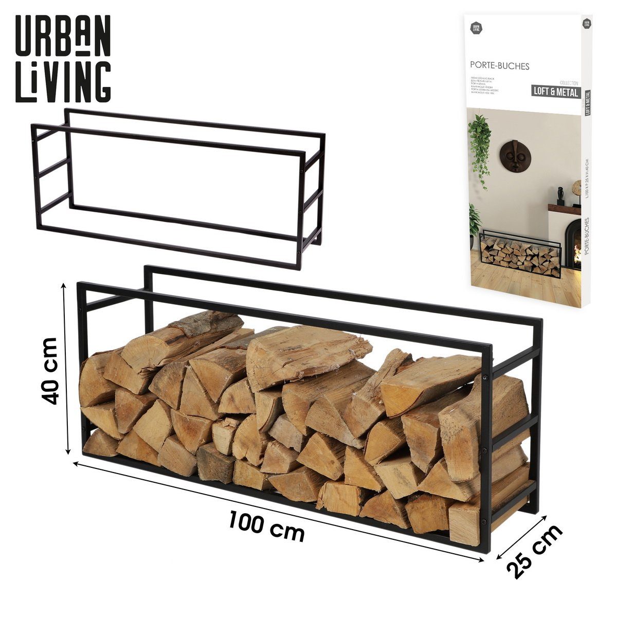Urban Living Kaminholzregal Holzstapelregal Kaminholz Stapelregal Standregal, BxTxH:100x25x40 cm, (freistehend), in Schwarz