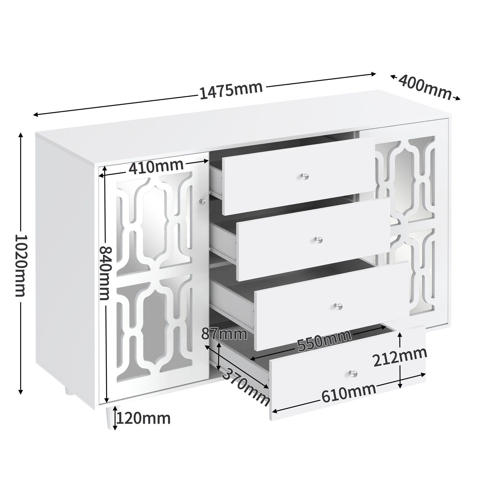 Merax Sideboard mit Spiegelelementen und geometrischem Trellis-Muster, Kommode mit vier Schubladen und Spiegelfront, Anrichte, Breite:148cm