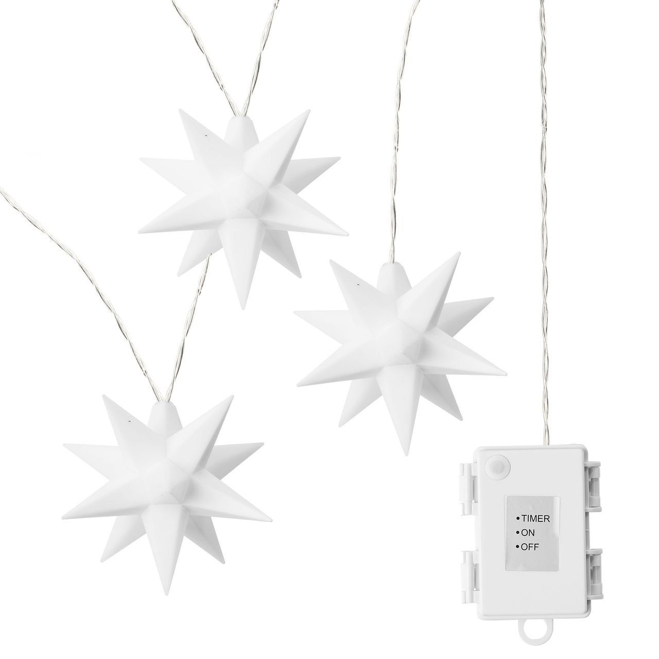 Weles AMARE LED Sterne 3er Kette weiß Durchmesser der Sterne je 15 cm, Länge der Kette 1,5 m (zzgl. 1 m Zuleitung), LED Farbe warmweiß, CE geprüft, für den Innen- und Außenbereich, Timer