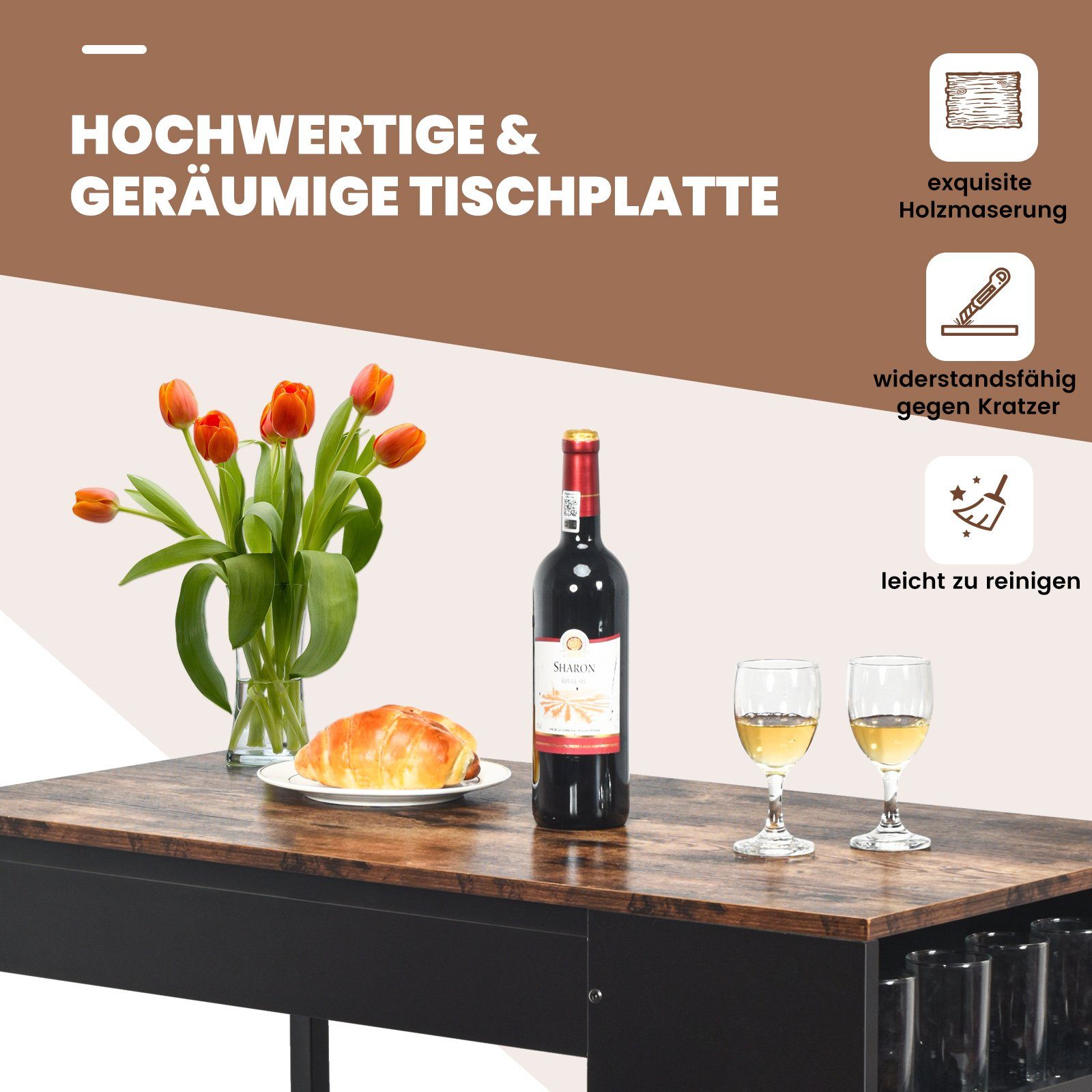 COSTWAY Bartisch, Set, mit 2 Barhockern und 3 Ablagen, 49x91x91cm, Industrie