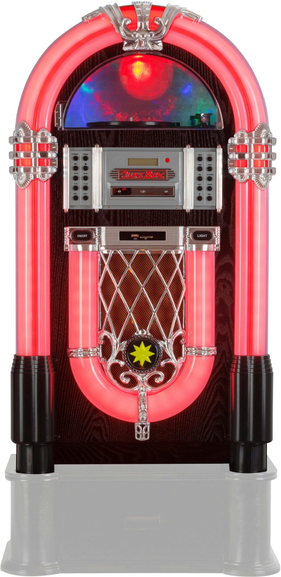 Beatfoxx GoldenAge 40er/50er Jahre Jukebox Stereoanlage (UKW/MW-Radio, 60 W, Retro Musikbox mit LED-Beleuchtung, CD-Player, Bluetooth, USB-SD, AUX)