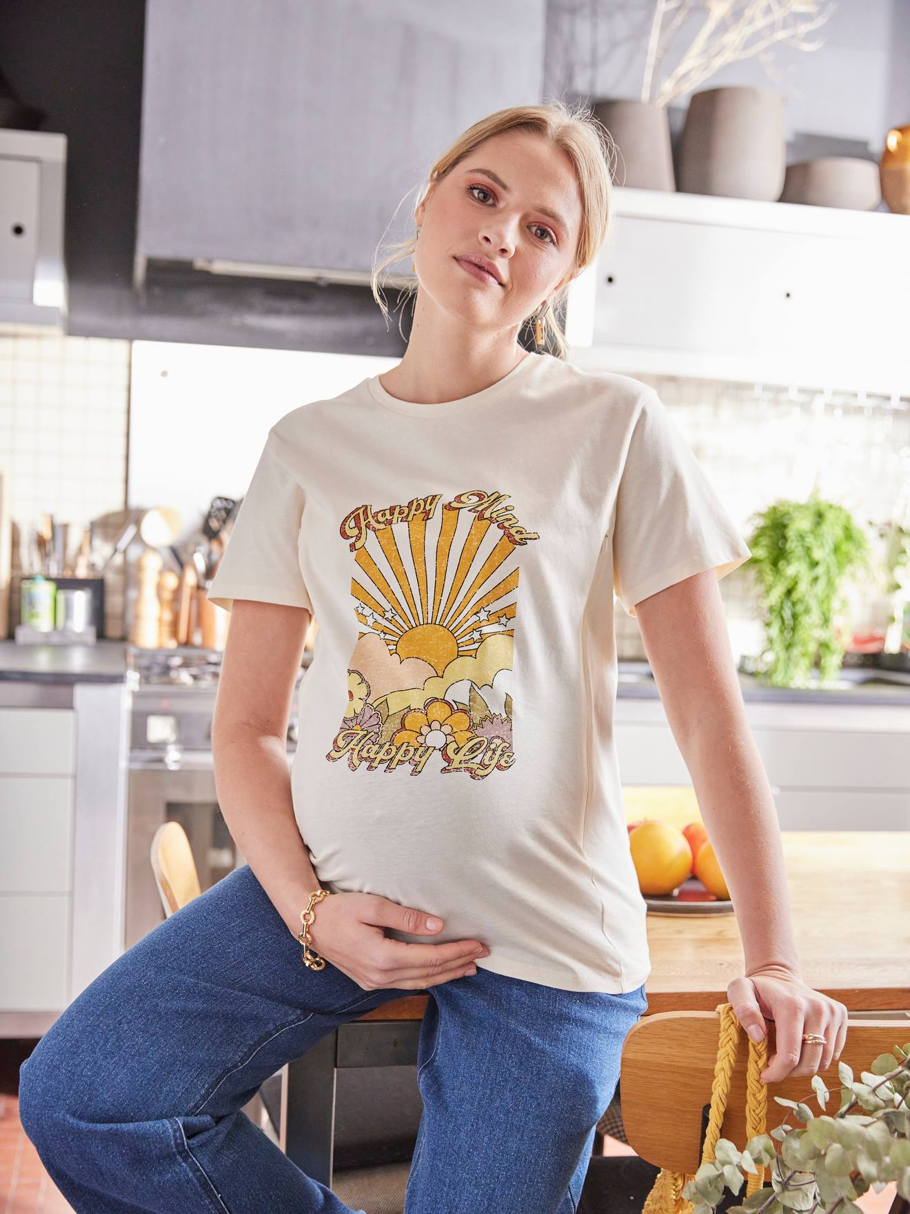 T-shirt motif Happy Mind grossesse et allaitement écru