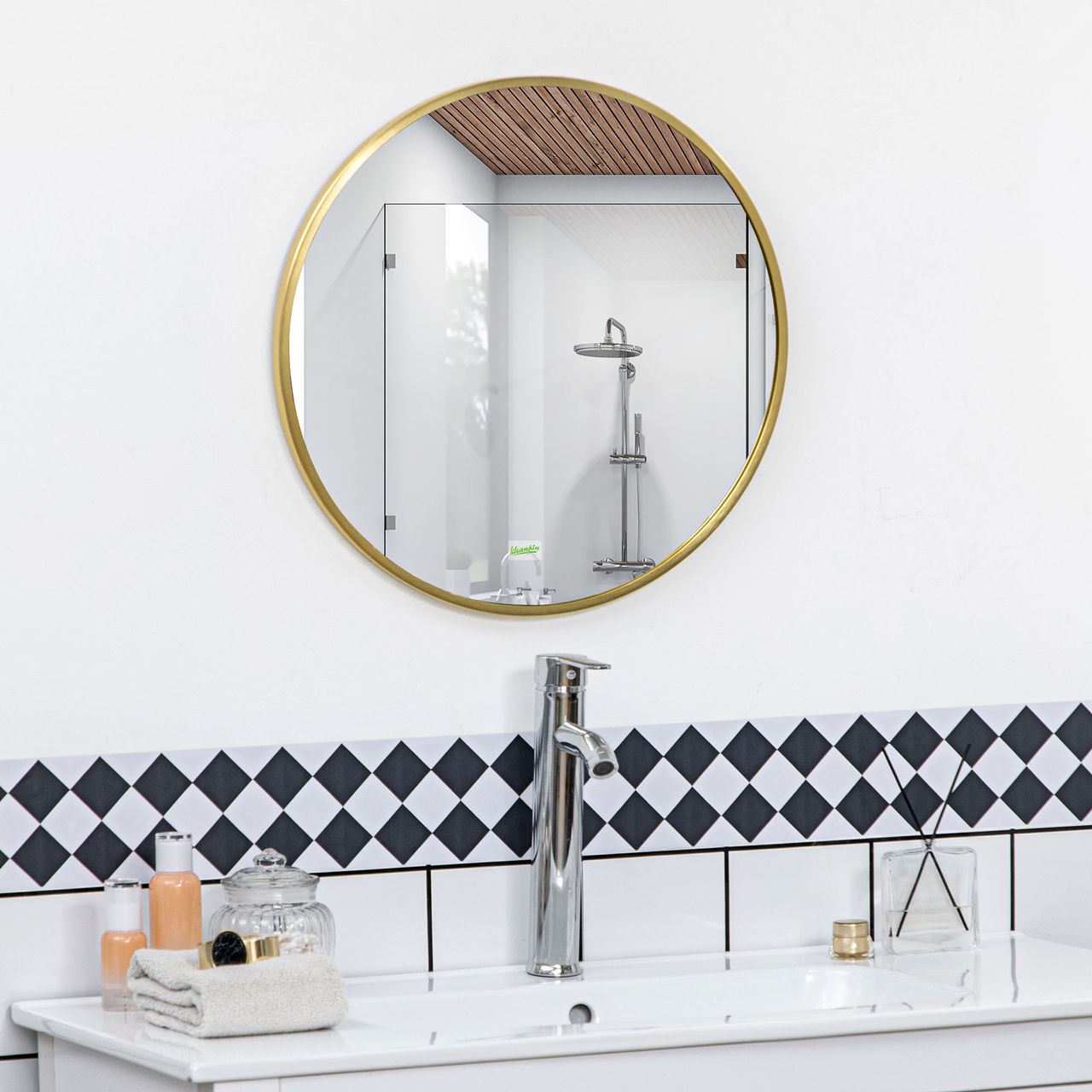 kleankin Badspiegel, Badezimmerspiegel, Ø50 cm Wandspiegel für Wohnzimmer, IP44