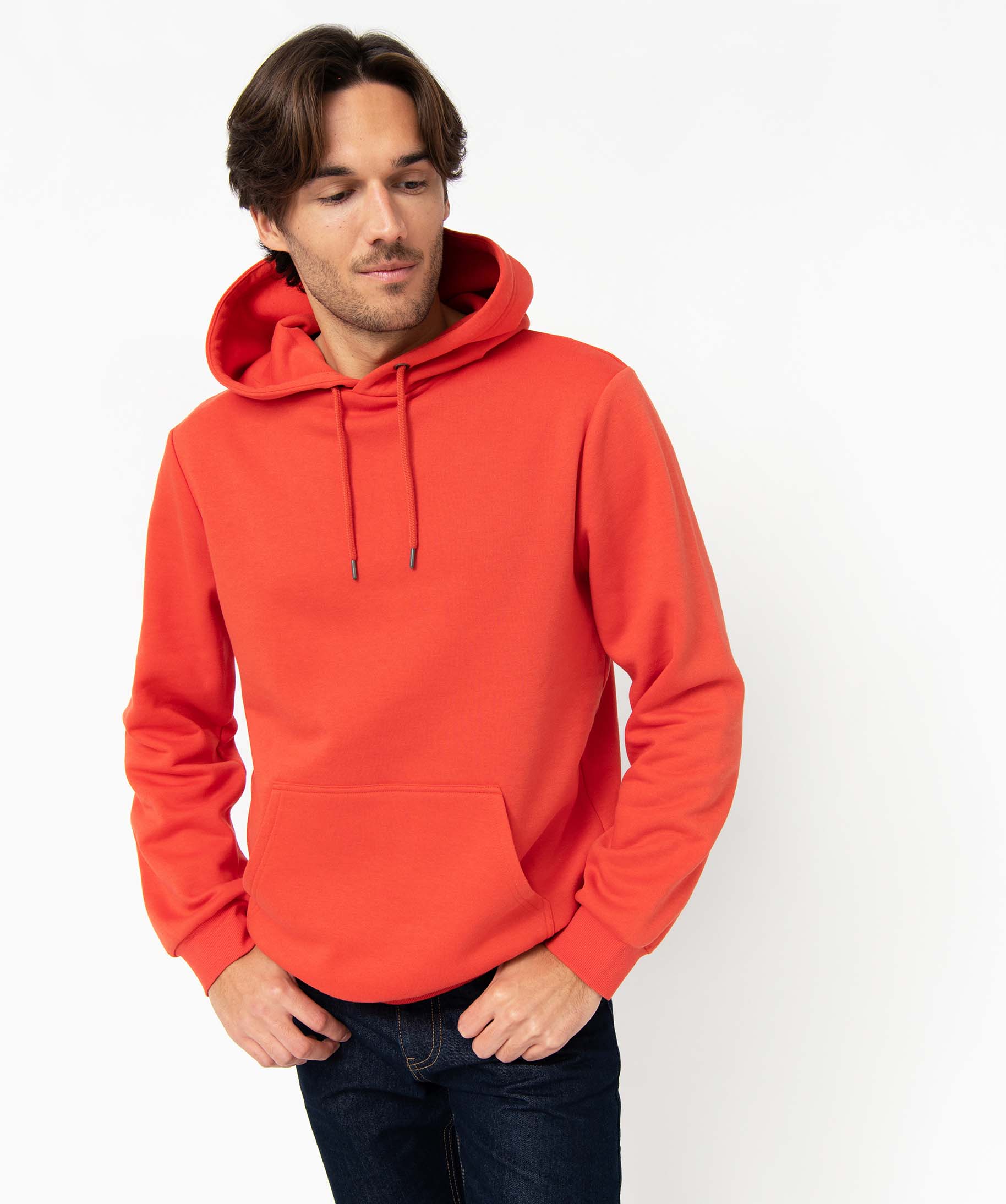 Sweat homme à capuche intérieur molletonné orange | GEMO