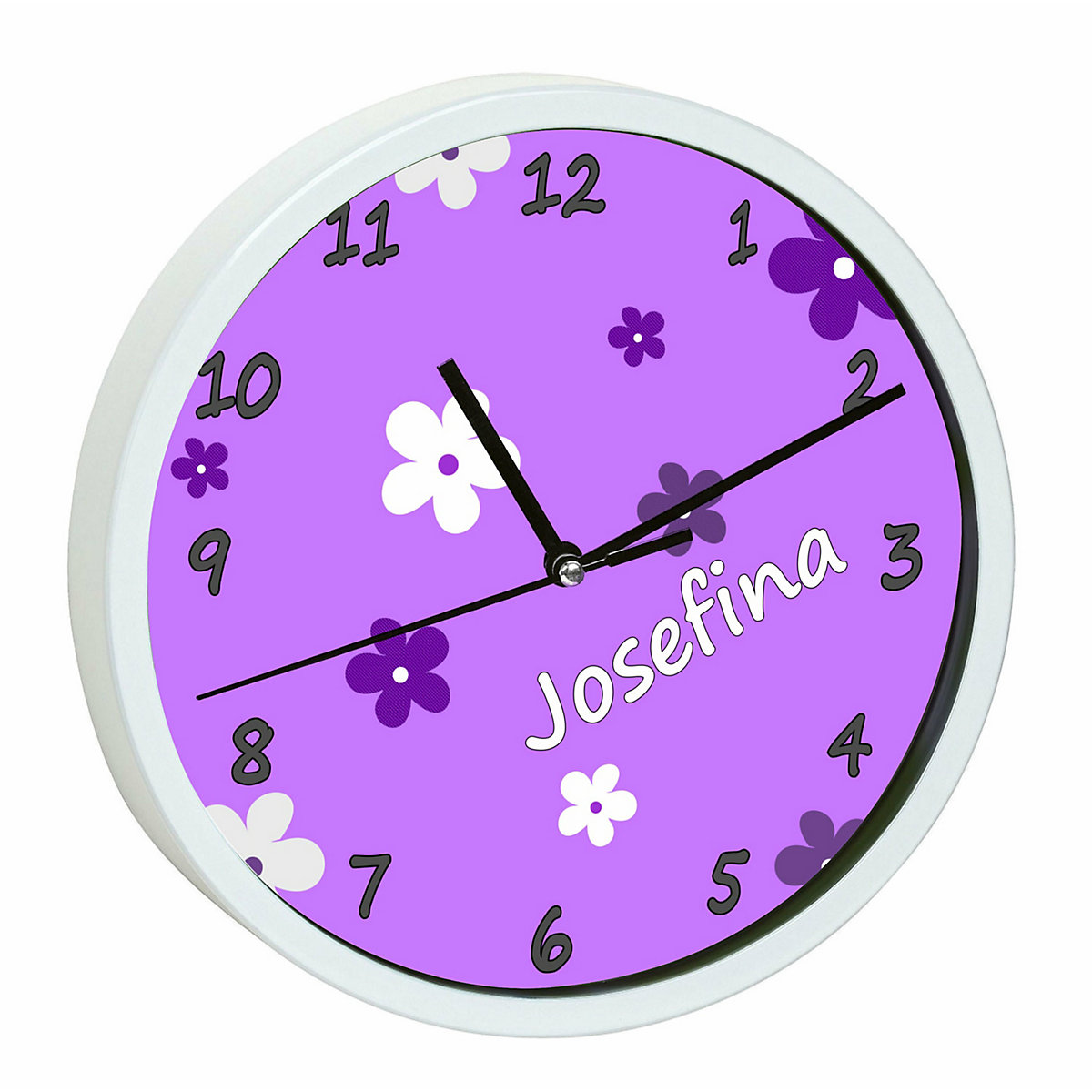 Kinder Wanduhr personalisiert mit Name Blumen Lila