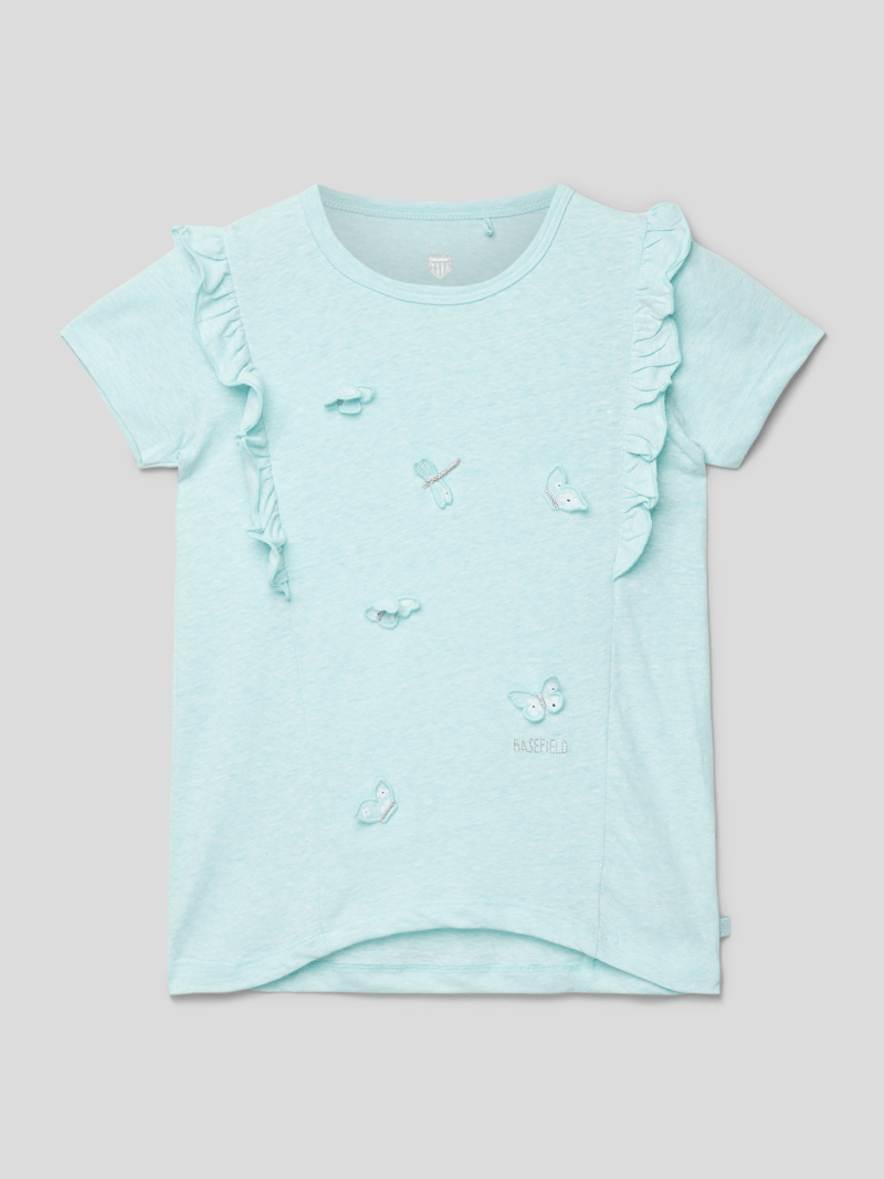 T-Shirt mit Rüschen und Applikationen in hellblau