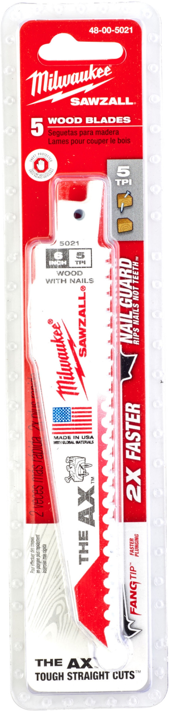 Acessórios Milwaukee 48475021 Sawzall The AX Lâmina de serra recíproca para madeira 150 mm 5 dentes por polegada (5 peças)
