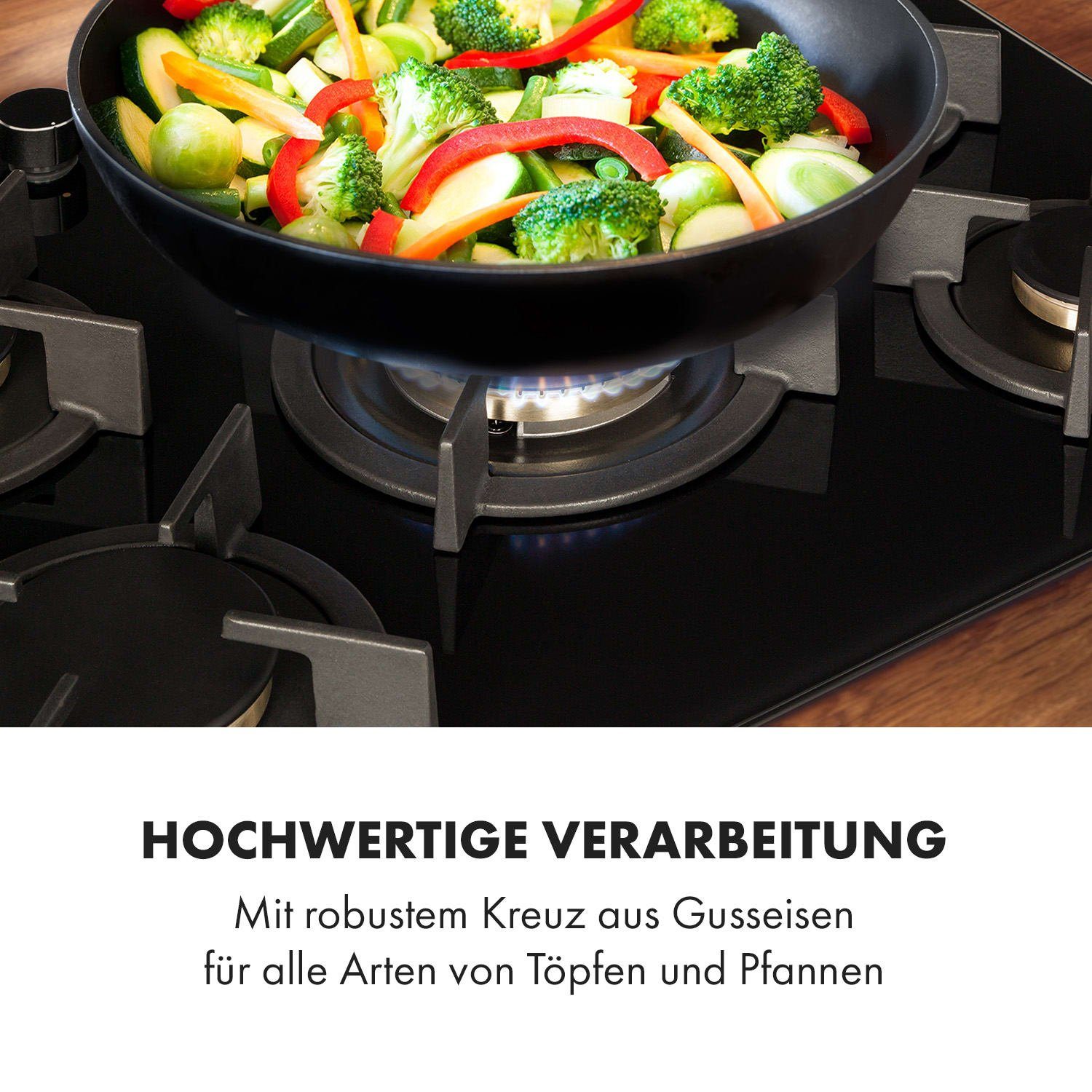 Klarstein Gas-Kochfeld Goldflame 5 Gaskochfeld 5-flammig Messing-Brenner Glaskeramik schwarz CP11-Goldflame-5, Einbau Gas Kochfeld Gasherd 5 Platten Kochplatte Einbaukochfeld