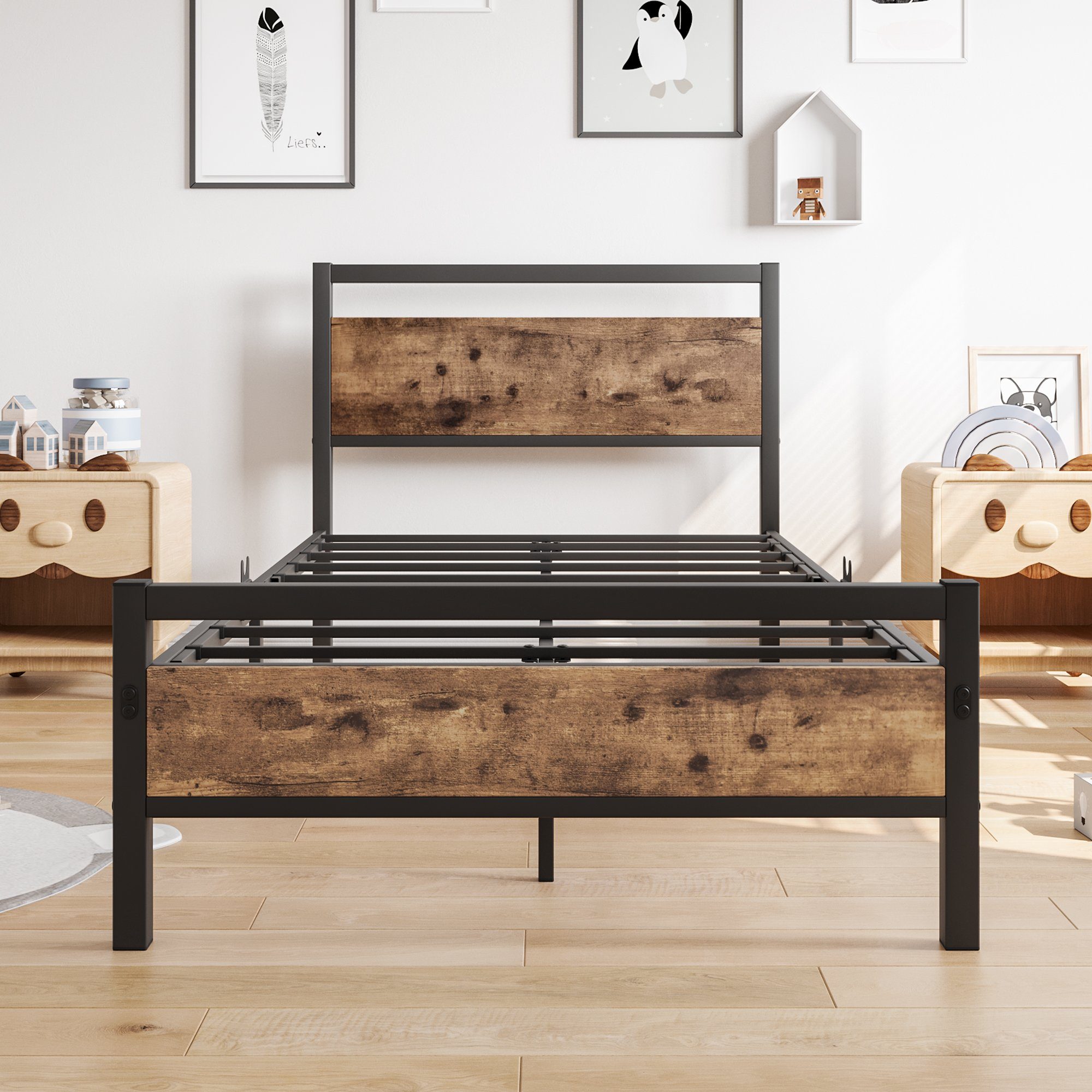 WISHDOR Metallbett Einzelbett Jugendbett mit Lattenrost ohne Matratze (90 x 200 cm Schwarz), mit Kopfteil und Lattenrost, FÜR LANGLEBIGKEIT GESCHAFFEN