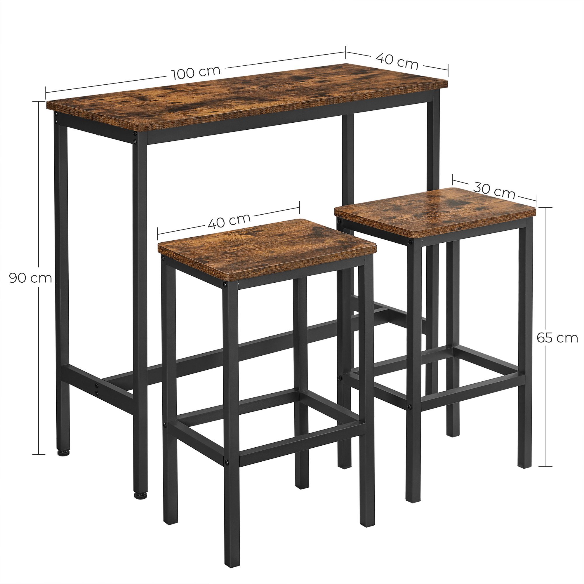 VASAGLE Bartisch Bartisch-Set, Stehtisch(100x40x90cm) mit 2 Barhockern