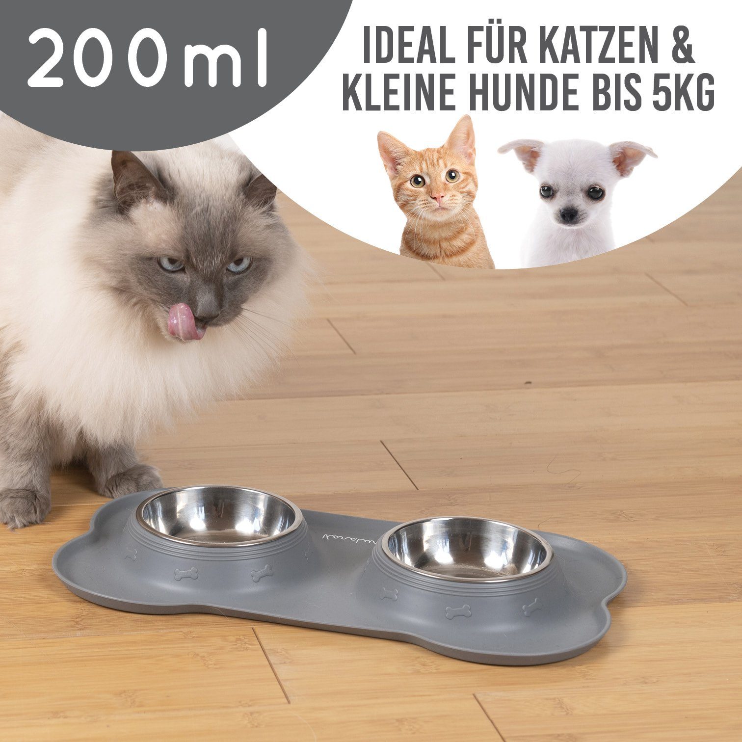 KaraLuna Futternapf Silikon Napfunterlage mit Edelstahl Näpfen I Hundenapf Katzennapf, Edelstahl