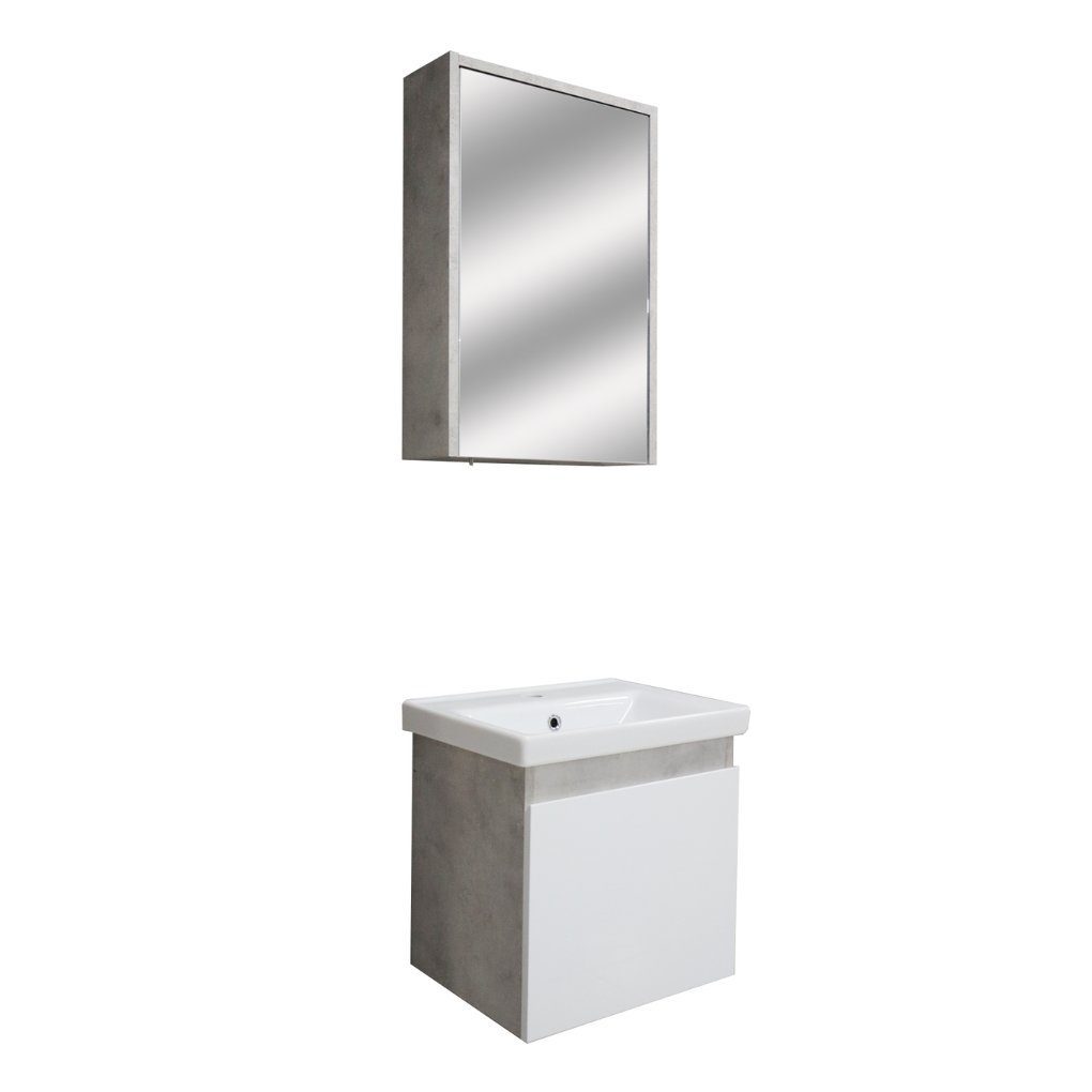 Karen Badmöbel-Set Alfa, (Komplett-Set, 3-Teilig (Unterschrank, Spiegelschrank, Waschbecken), Unterschrank mit Türen, Spiegelschrank mit Türen & Regalen), Retro Design, Softclose, Griffleisten