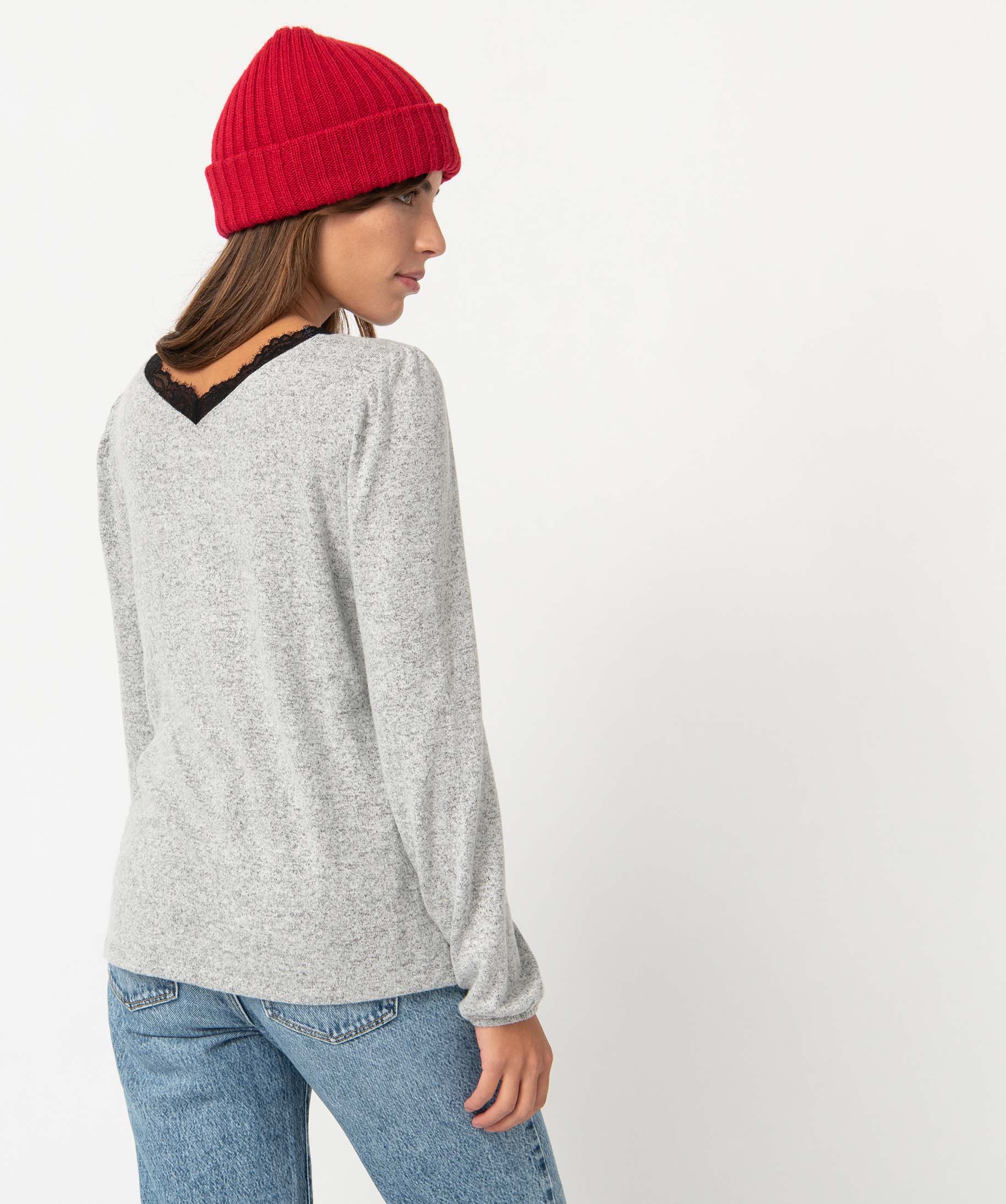 Pull femme en maille douce à col V en dentelle gris clair | GEMO
