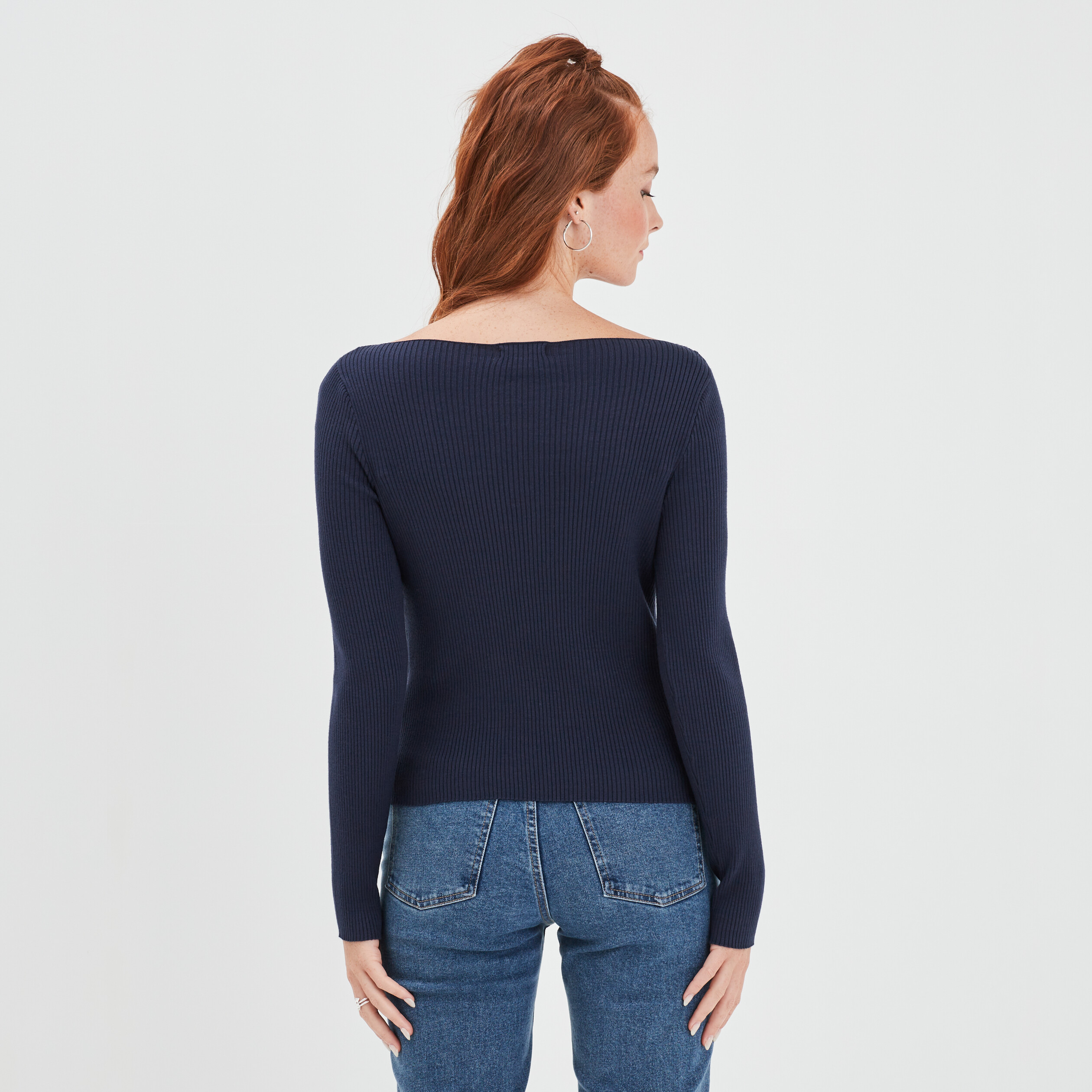 Pull côtelé court col bateau Creeks bleu marine femme | La Halle