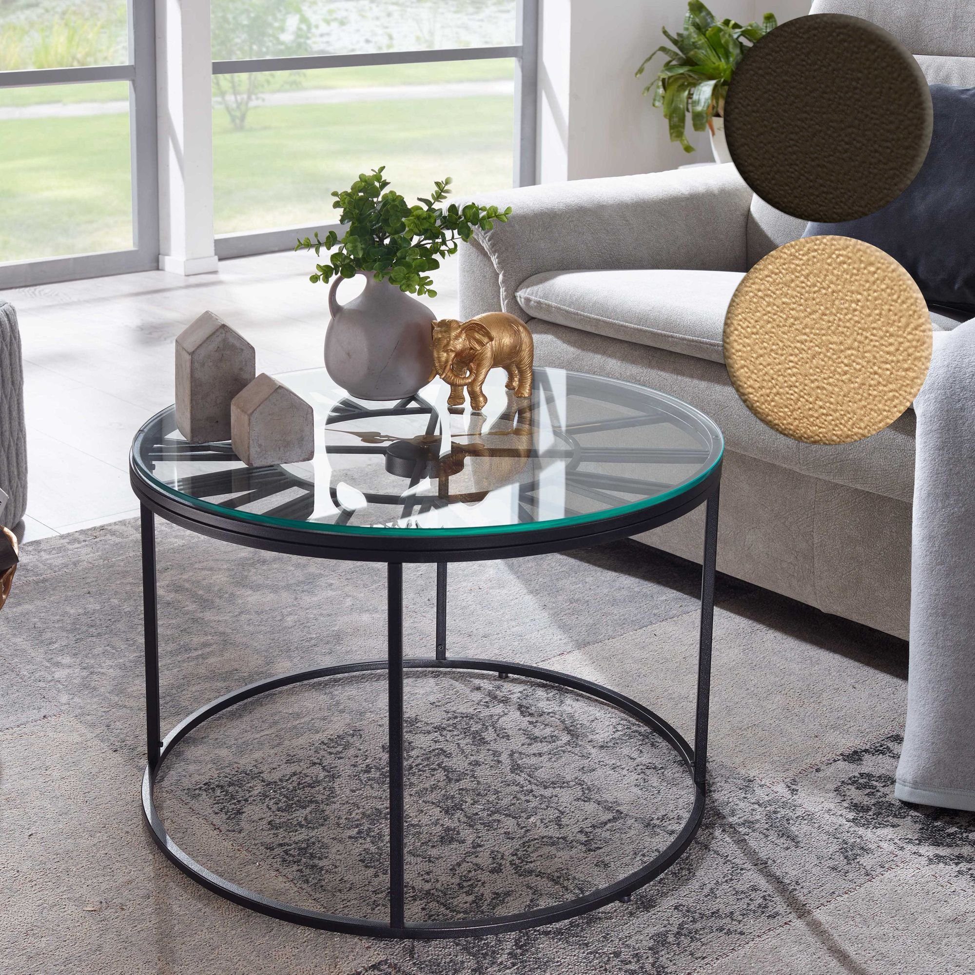 FINEBUY Couchtisch FB41455 (60x60x43 cm Gold, Sofatisch Metall mit Deko-Uhr), Wohnzimmertisch Rund, Beistelltisch Wohnzimmer