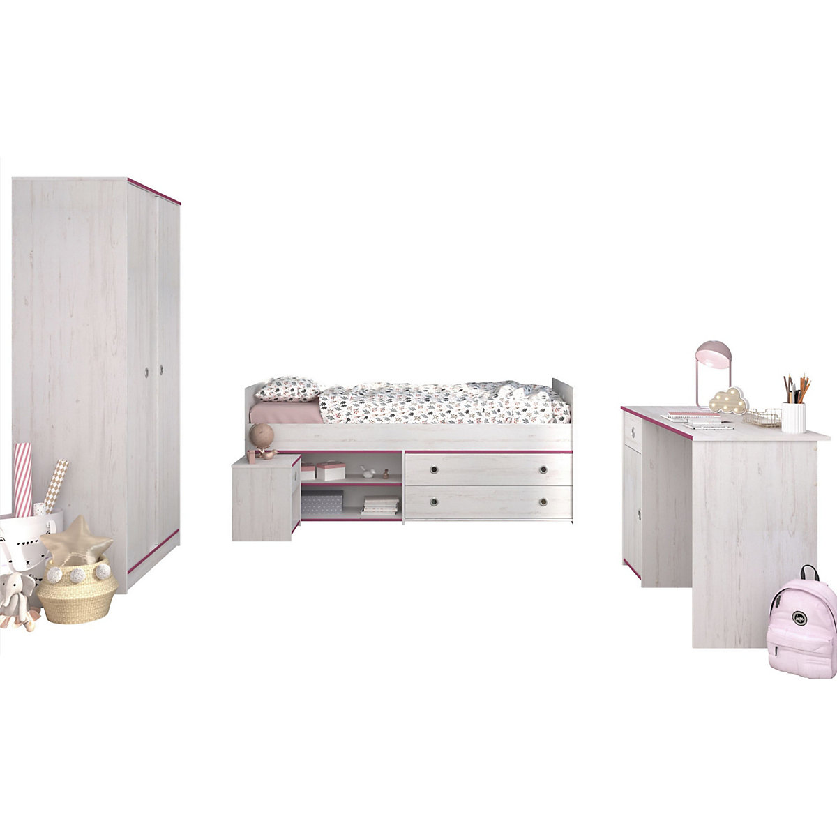 Kinderzimmer Smoozy 26 mit Bett, Nachtkommode, Schreibtisch und Kleiderschrank