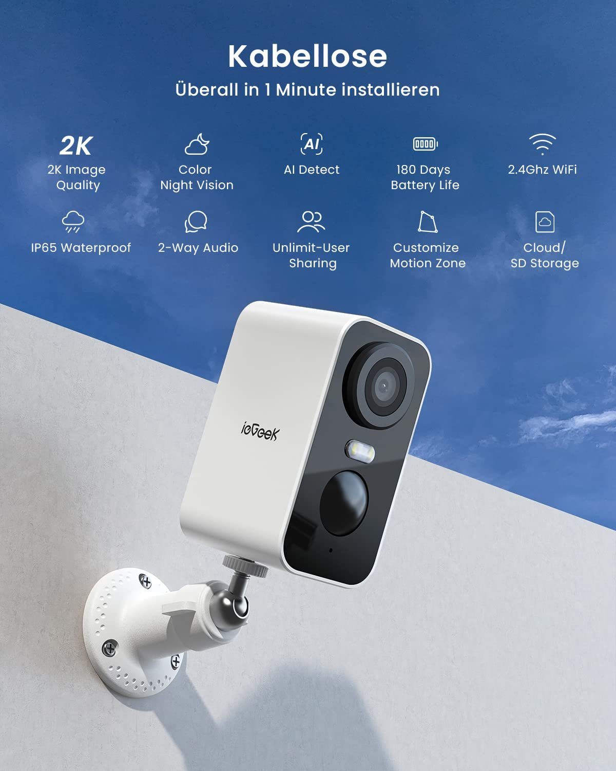 ieGeek 2K Überwachungskamera Aussen Kabellose Überwachungskamera außen/innen Überwachungskamera (Aussen, Außenbereich, außen/inne, 5200mAh Akku Kamera Überwachung Aussen WLAN, PIR-Personenerkennung,10M Nachtsicht, 2-Wege-Audio, Spotlights, Farbige 10
