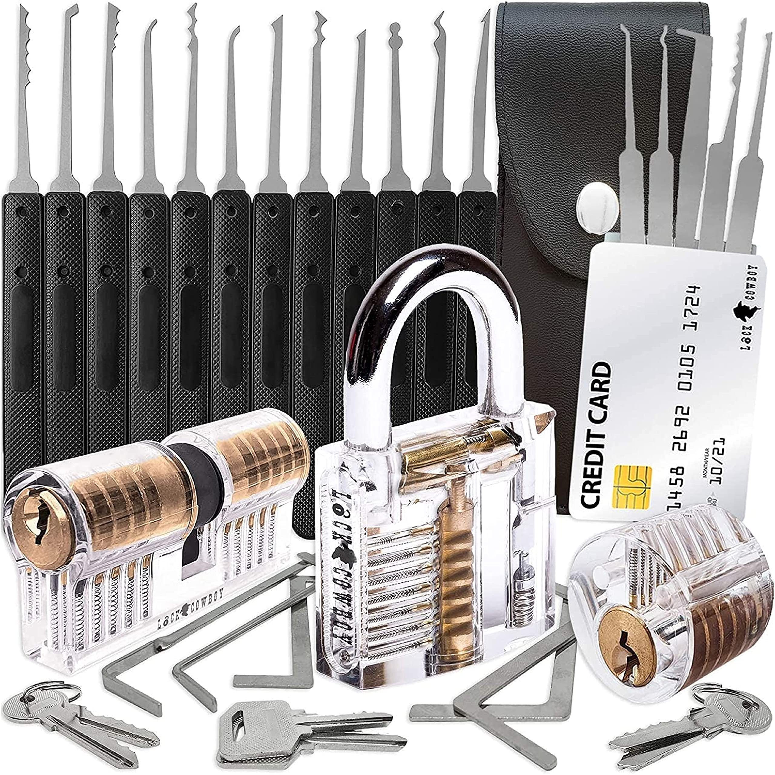 Lock Cowboy Vorhängeschloss 30-tlg Lockpicking-Set mit Transp. Übungsschlössern + Dietrich-Set, Edelstahl