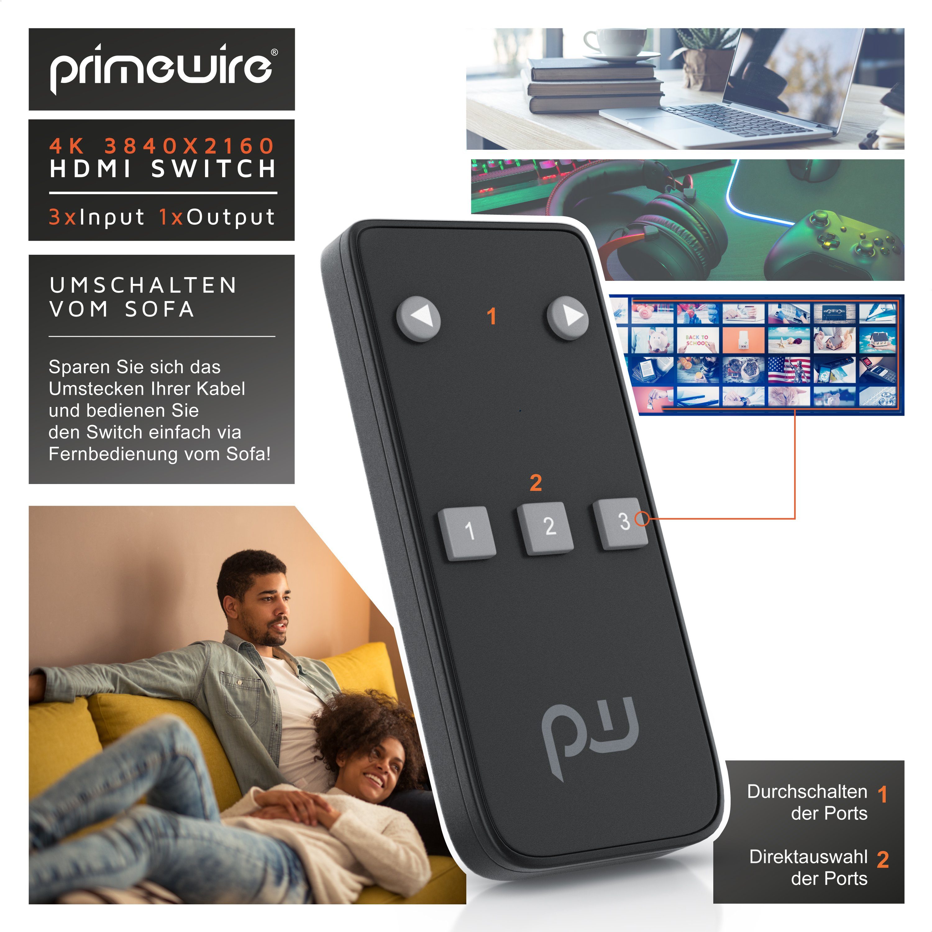 Primewire Audio / Video Matrix-Switch, 3-Port 4k HDMI Switch mit Fernbedienung / 3D + CEC / 2160p 30Hz