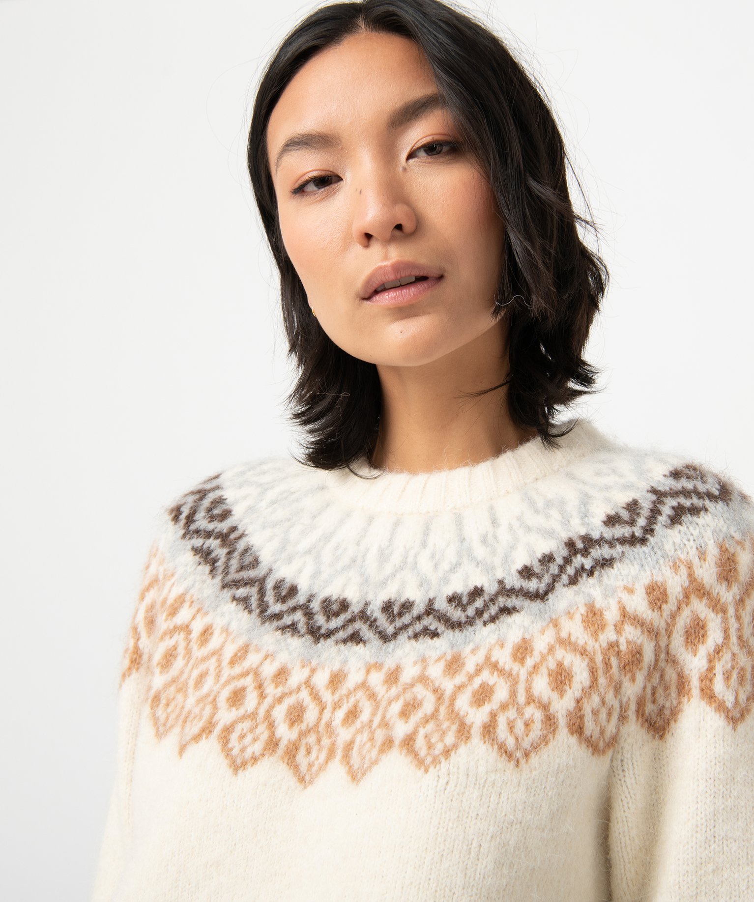 Pull femme jacquard avec col rond ecru | GEMO