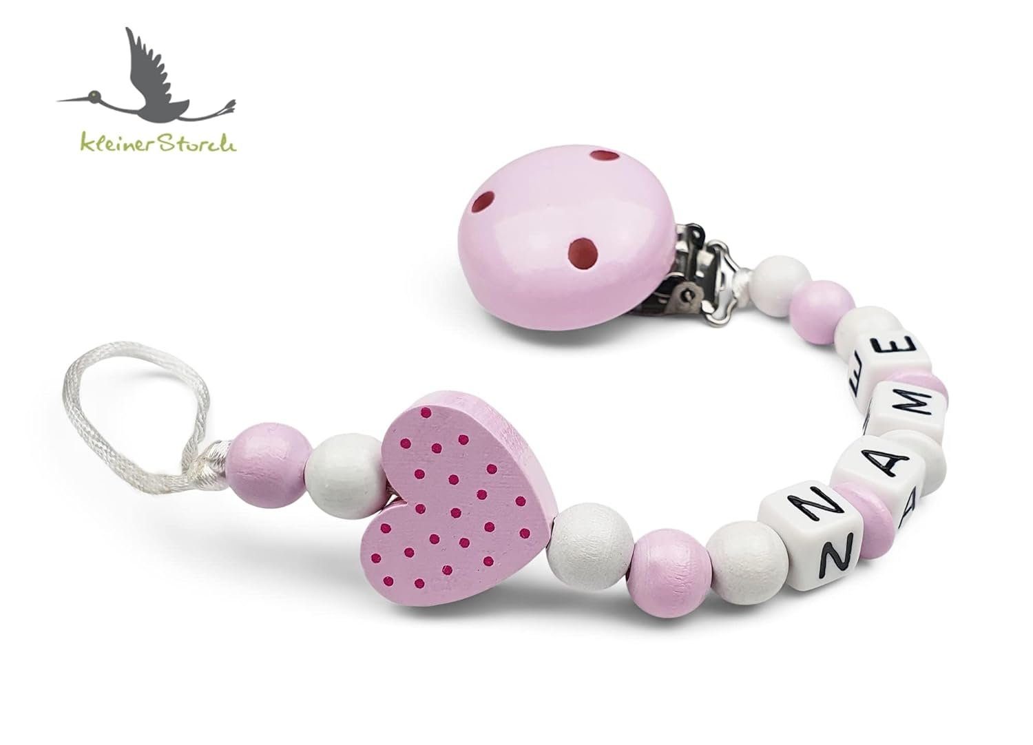 kleinerStorch Schnullerbefestigung Baby Schnullerkette personalisiert mit Namen, Mädchen Nuckelkette für Schnuller - Herz in rosa