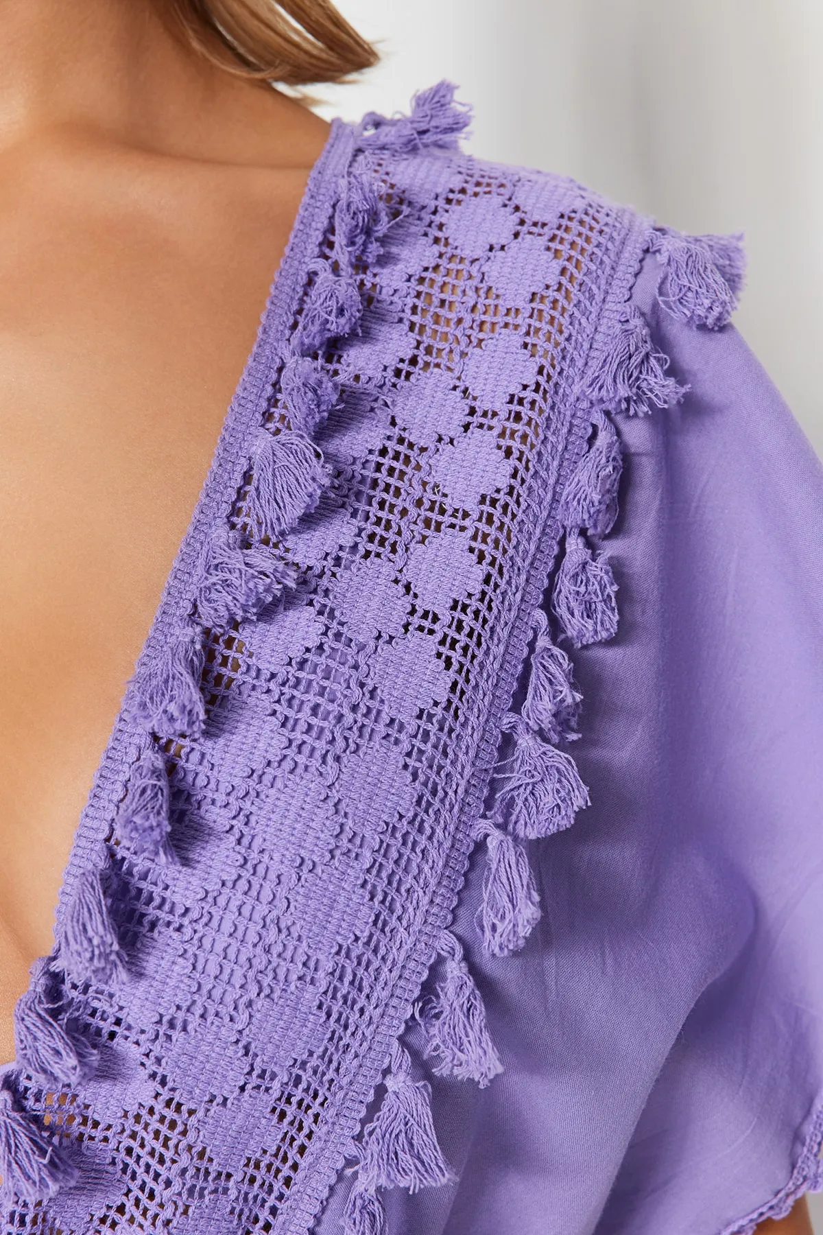 Trendyol Collection  Lila Mini-Strandkleid aus 100 % Baumwolle mit gewebter Stickerei und detailliertem Detail TBESS21EL1248