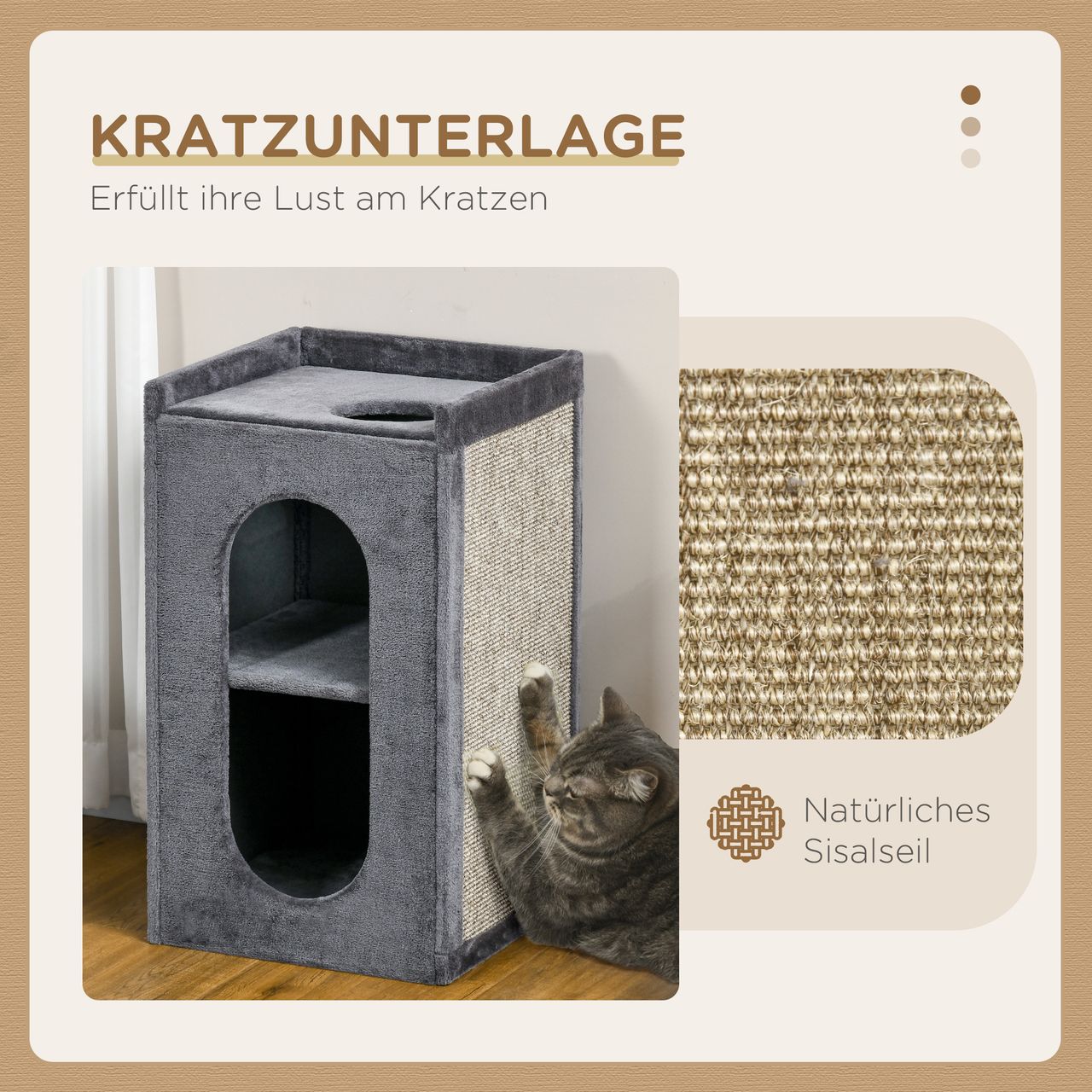 PawHut Kratztonne Höhe 81 cm, Katzentonne mit 2 Höhlen, Kratzturm mit Kratzbrett