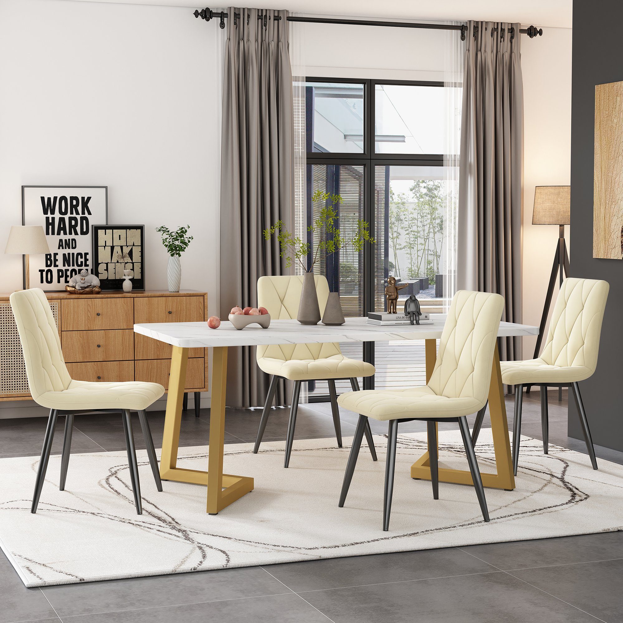 Ulife Essgruppe 117×68cm Esstisch mit 4 Stühlen, (Set, 5-tlg), weißer MDF-Tischplatte mit Marmoroptik