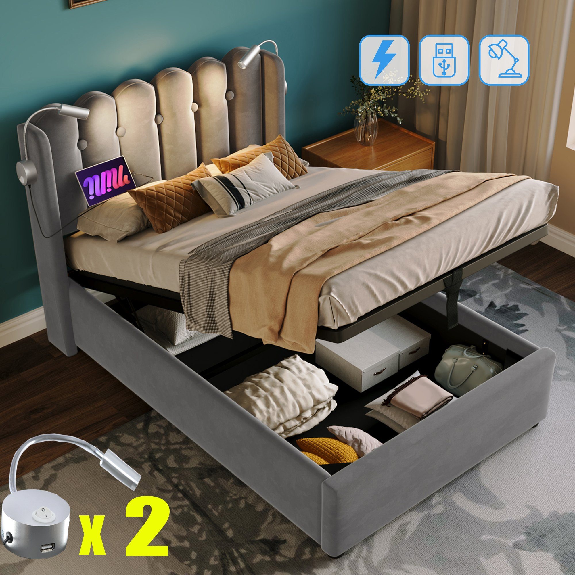Fangqi Polsterbett 90x200 gepolstertes Bett,2 Leselampen,USB-Aufladung,großer Bettkasten (Einzelbett, Jugendbett, Familienbett, Weicher Bettrahmen, USBx2, Leselampex2, Bettkasten), Bettkasten mit Oxford-Tuch, Eisenrahmen, Gasdruckfederbetten
