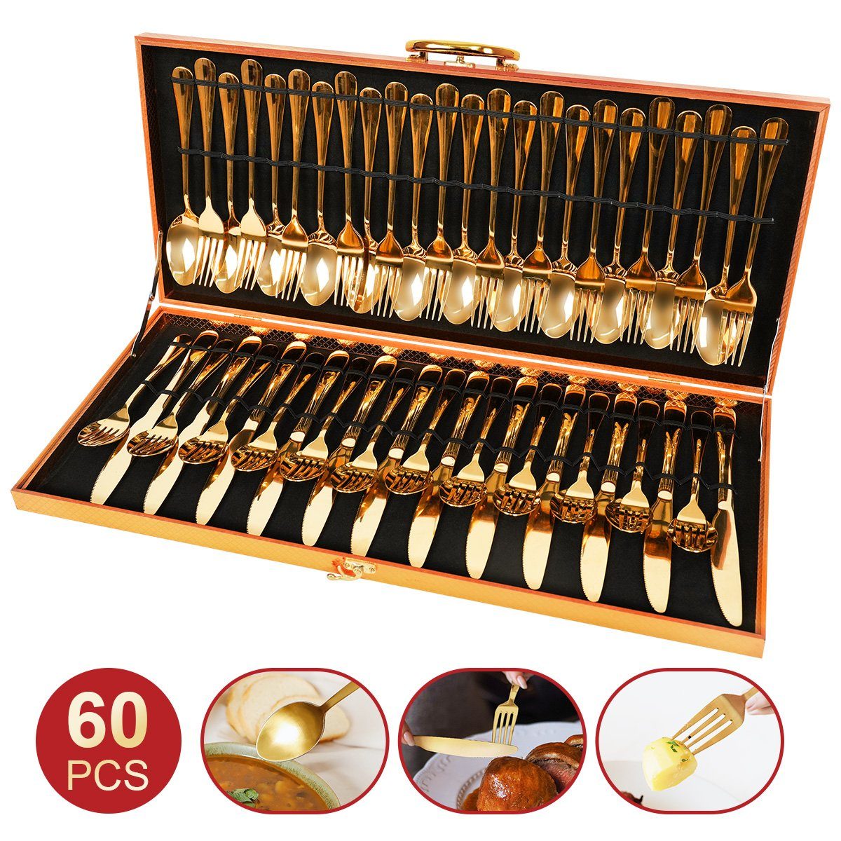 LifeImpree Besteck-Set 60tlg. Besteckset für 12 Personen mit luxuriöser Holzbox, Essbesteck Set aus Edelstahlbesteck, Spülmaschinenfest