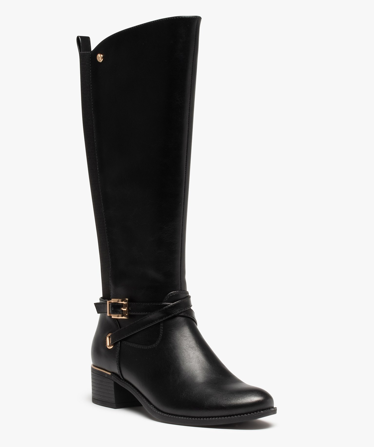Bottes femme cavalières unies à détails métalliques noir | GEMO