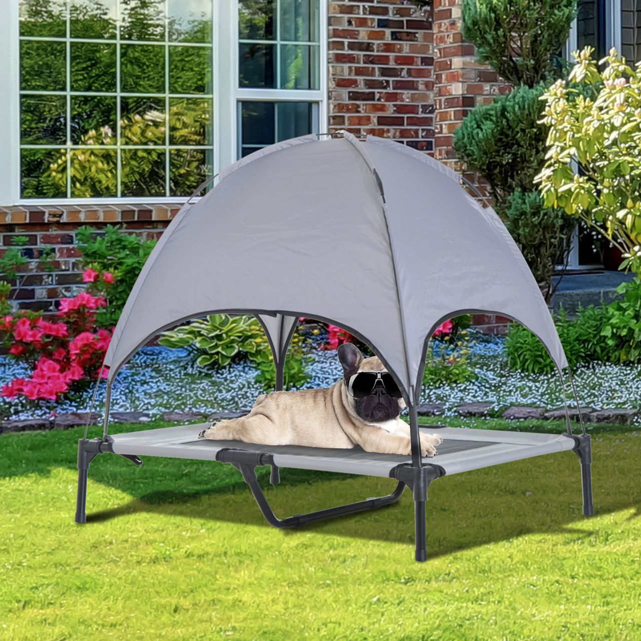 PawHut Haustierbett mit Baldachin Erhöhtes Hundebett Hundeliege outdoor Grau