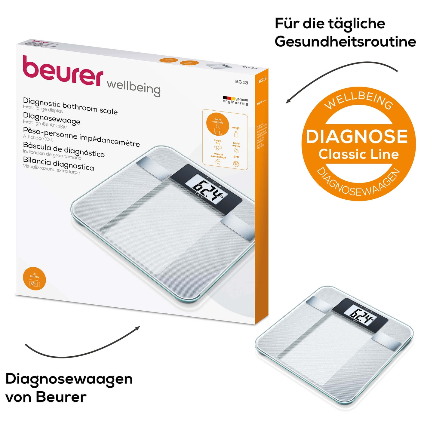 Beurer Diagnosewaage - BG 13-Analysewaage mit BMI Ganzkörperanalyse & XL-Display - bis 150 kg