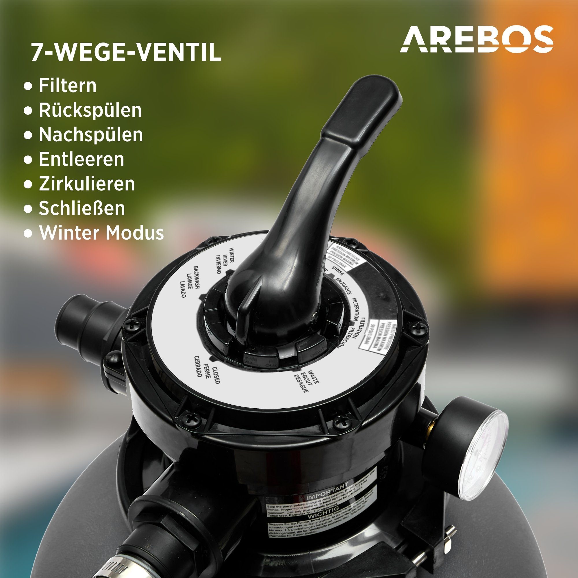 Arebos Sandfilteranlage mit Pumpe inkl.700g Filterbälle + 2m Schlauch, 400 W, 7 Wege-Ventil (Set)