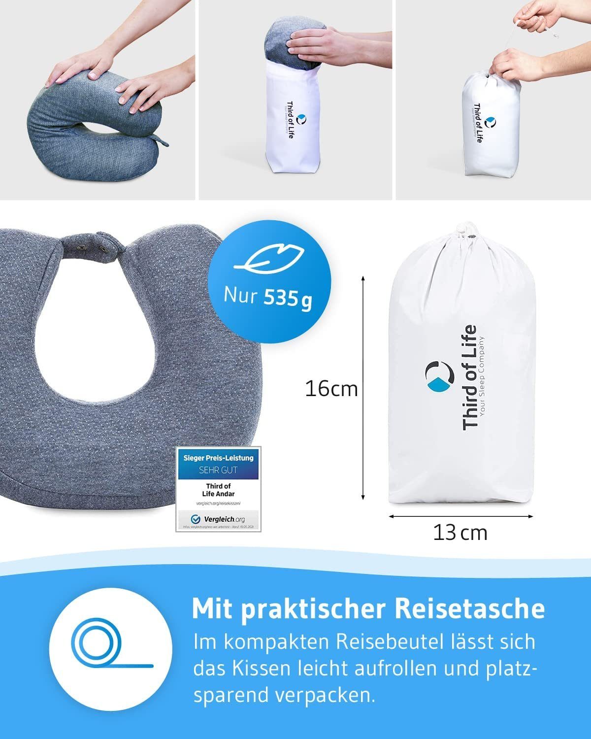 Third of Life Nackenhörnchen Nackenkissen ANDAR aus Visco Schaum, Ergonomisches Reisekissen mit Thermo-Bezug, Für Allergiker geeignet