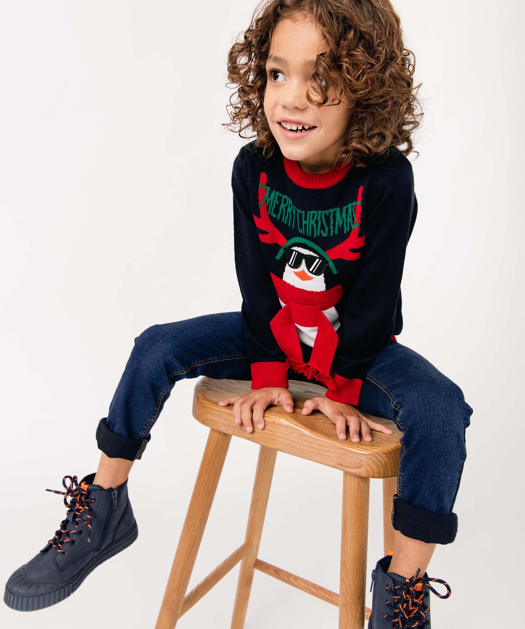 Pull Garçon spécial Nol motif pingouin marine | GEMO