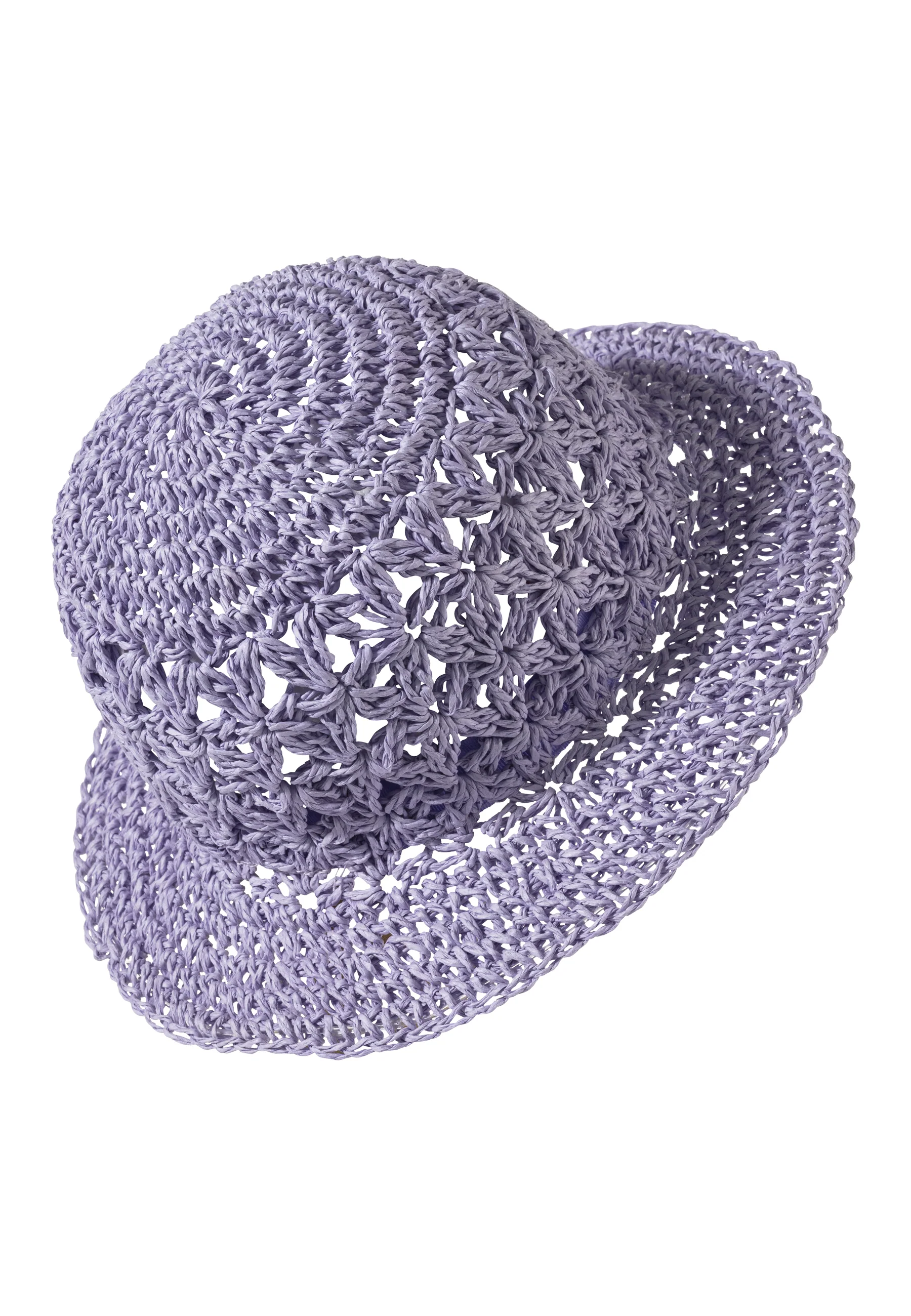 Strohhut mit eingehäkeltem Blumenmuster in lila