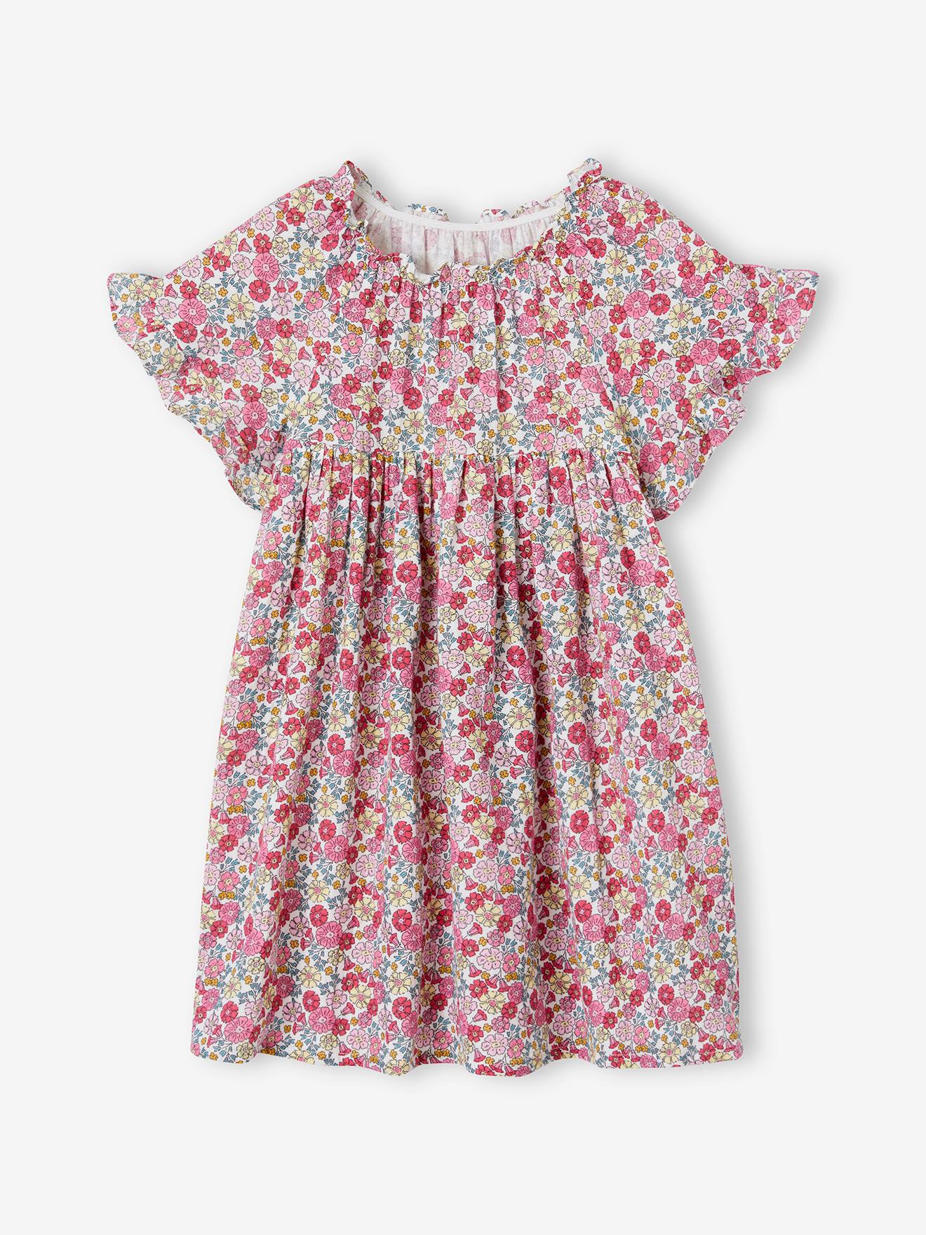Vertbaudet Geblümtes Mädchen Kleid mit Schmetterlingsärmeln - rosa