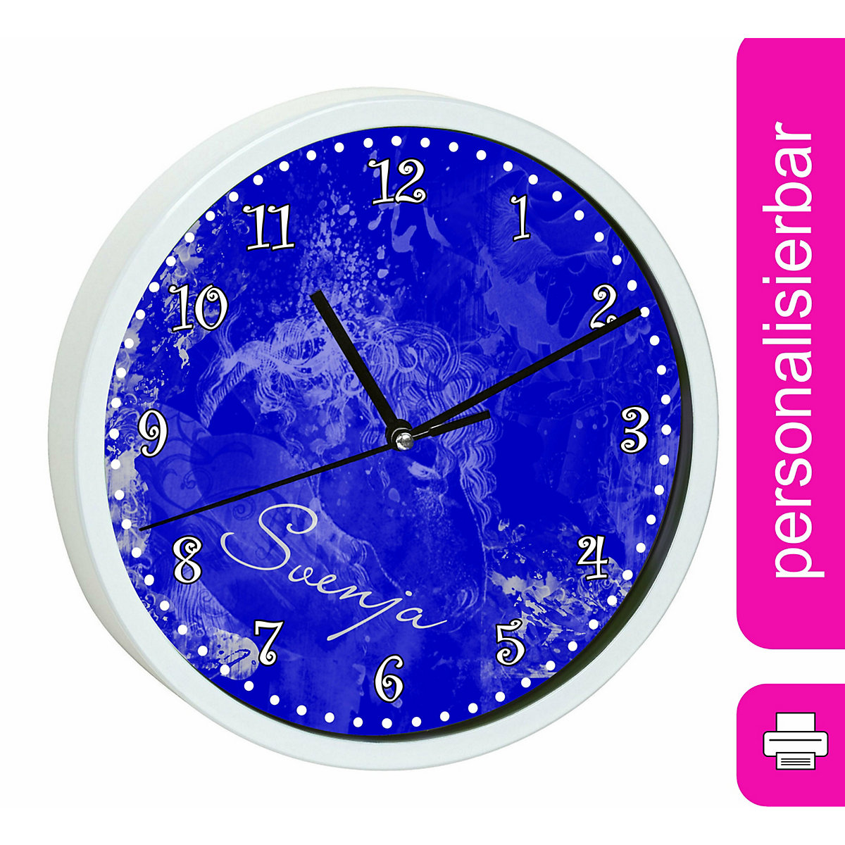 Kinder Wanduhr laufruhig personalisiert mit Name Traum Blau