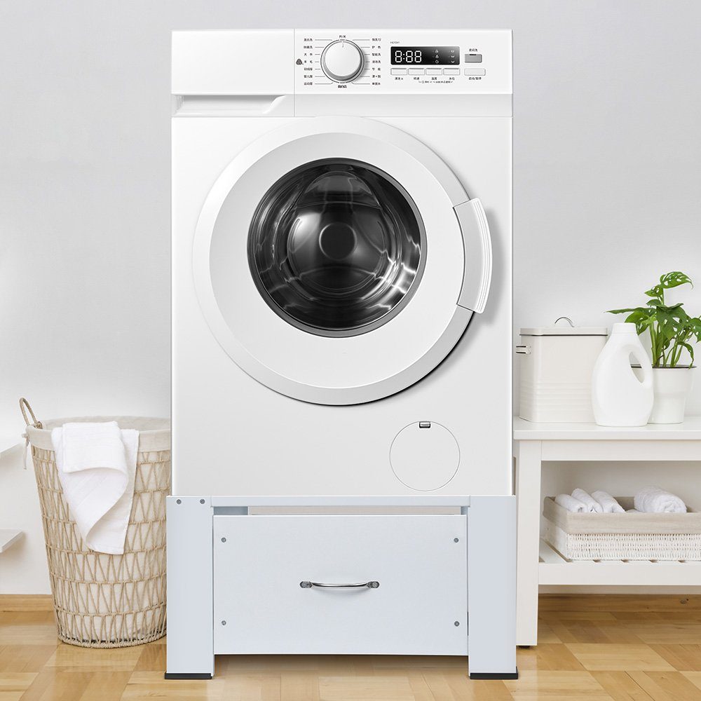 XIIW Waschmaschinenuntergestell 63cm Waschmaschinen Untergestell aus Stahl Höhe 32cm mit Schubladen, Zubehör für Kühlschrank Trockner Gefrierschrank Bis 150kg, Waschmaschinensockel Rutschfesten Podest Erhöhung Unterbau