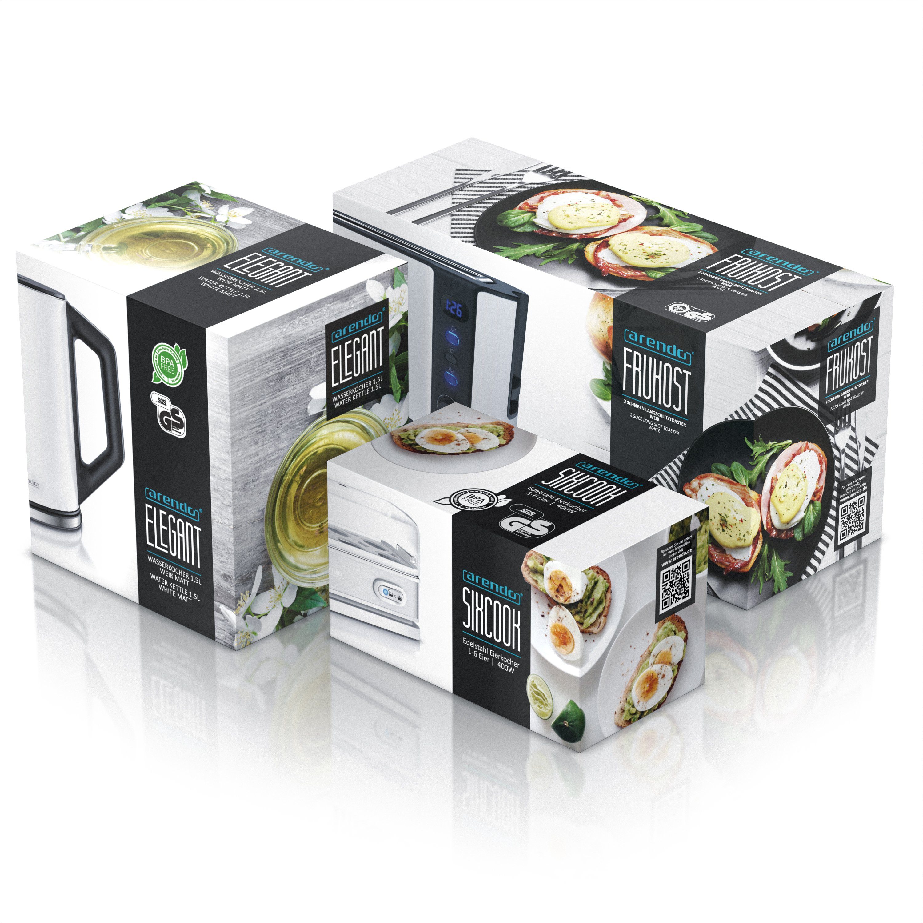 Arendo Frühstücks-Set (3-tlg), Wasserkocher 1,5l / 2-Scheiben Toaster / Eierkocher, Edelstahl, Weiß