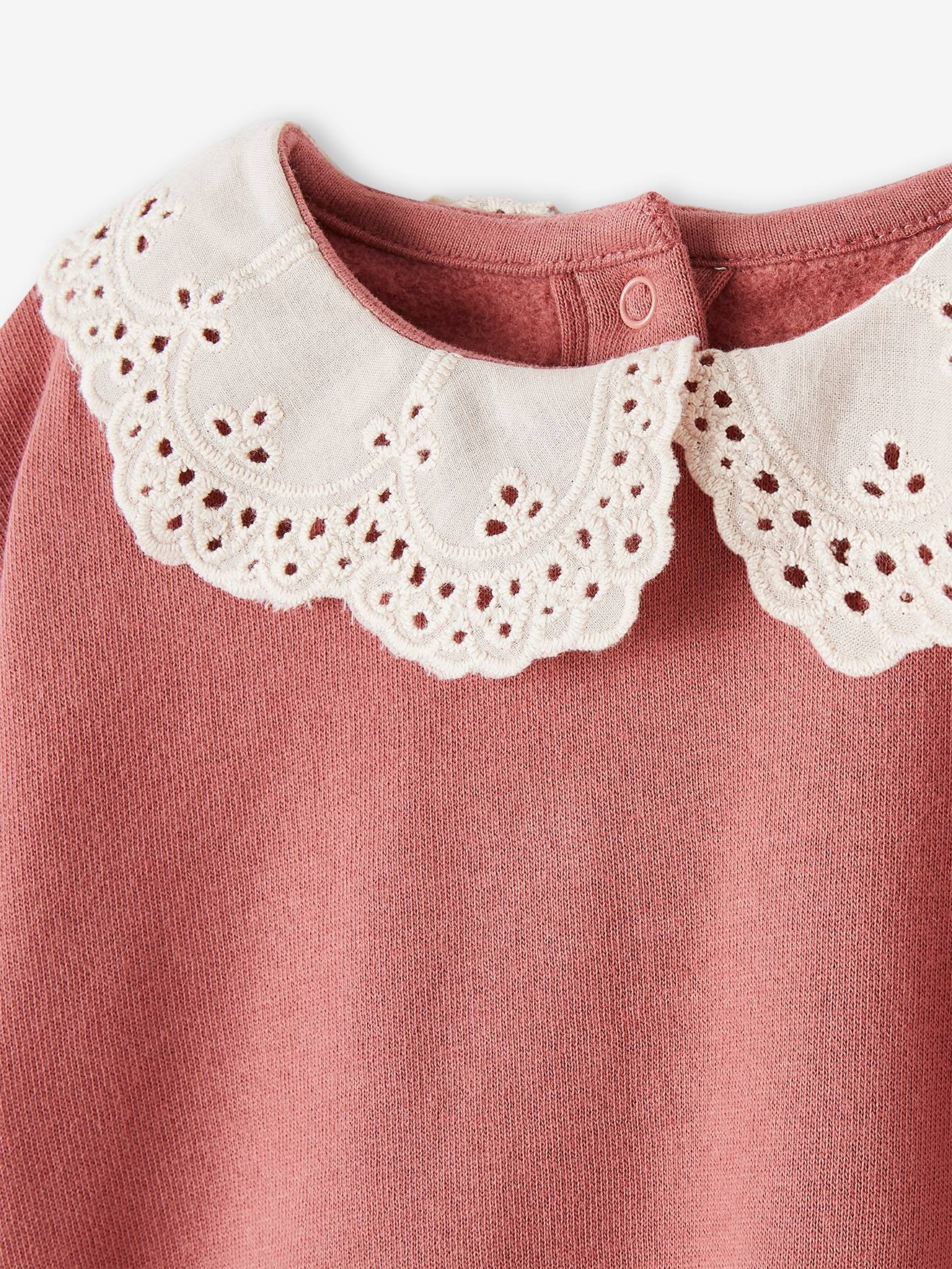 Sweat en molleton bébé col en broderie anglaise bois de rose